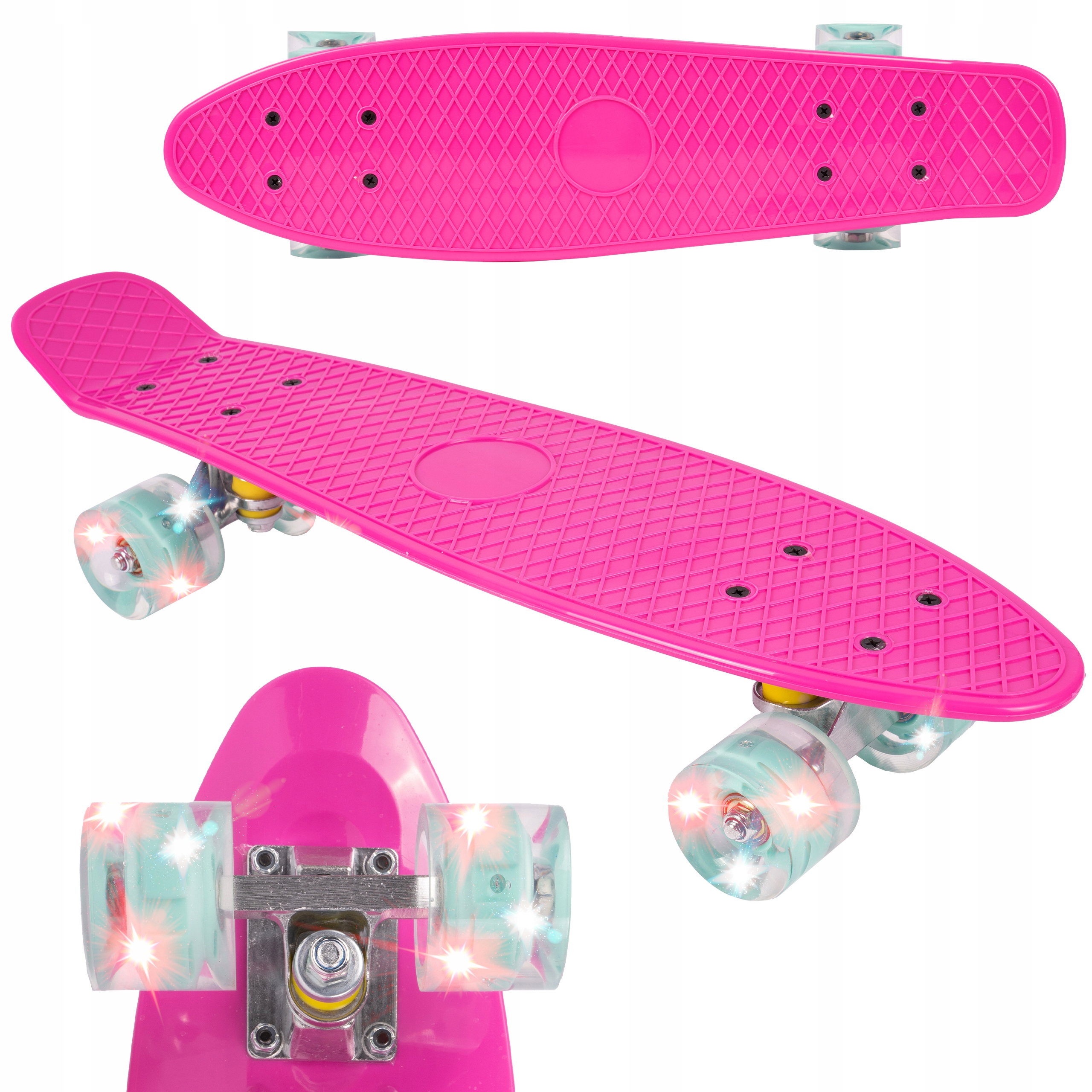 FISZKA SKATEBOARD PRO DĚTI, SVÍTÍCÍ LED KOLEČKA, 65CM, SILNĚ RŮŽOVÁ ABEC7