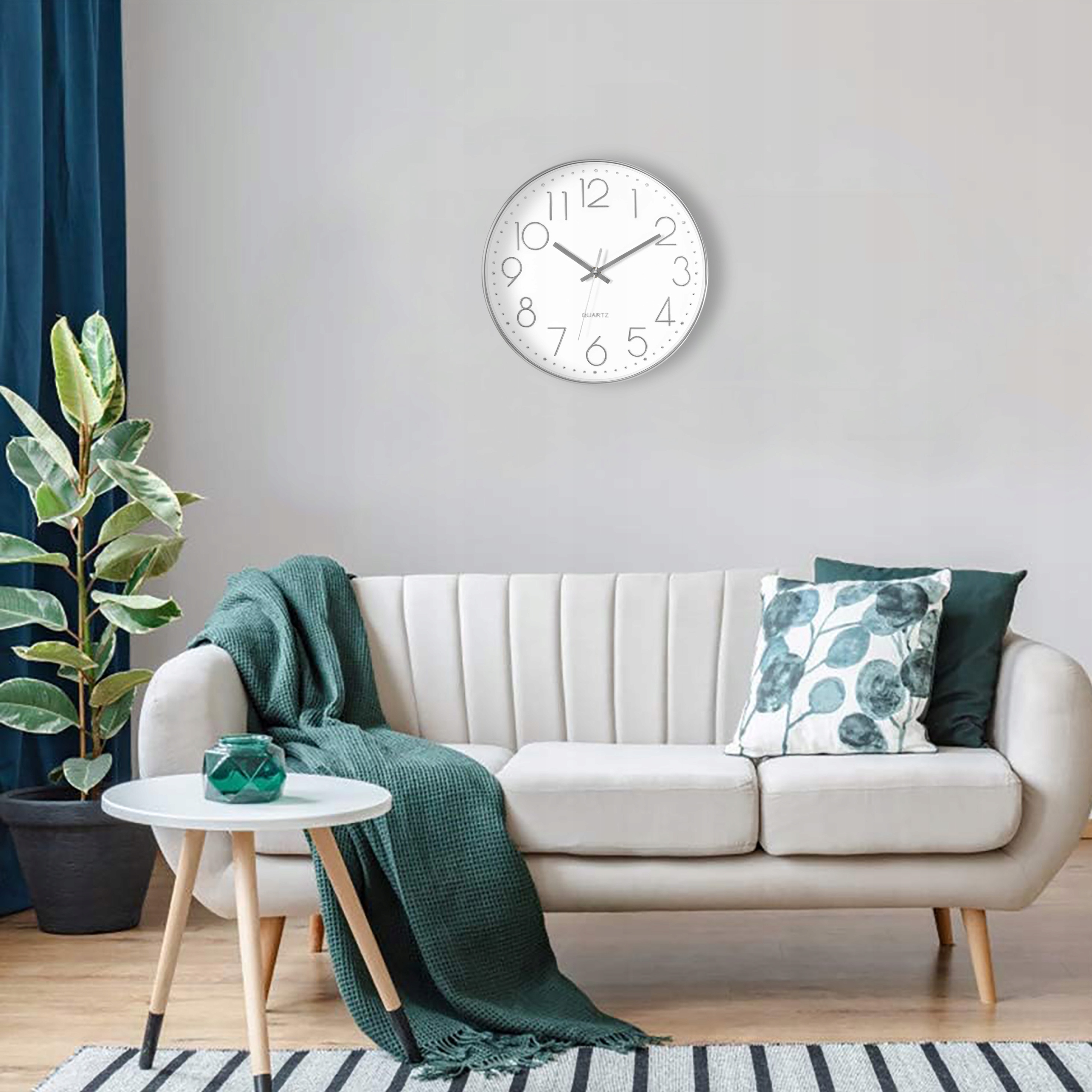 ZEGAR ŚCIENNY DUŻY OKRĄGŁY BEZGŁOŚNY SREBRNY CZYTELNY 30 cm NA ŚCIANĘ Typ ścienny