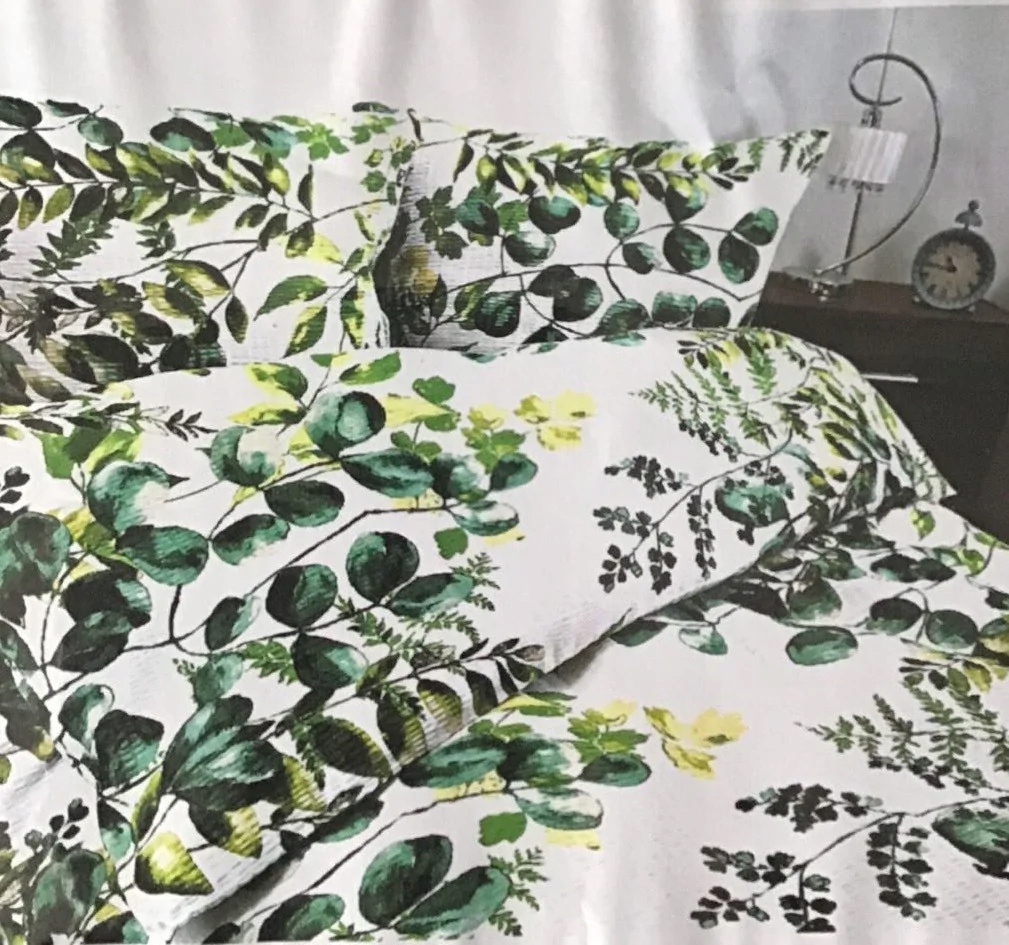 Komplet Pościeli Z Kory 100% Bawełna 220x200cm Zielone Liście Na Białym