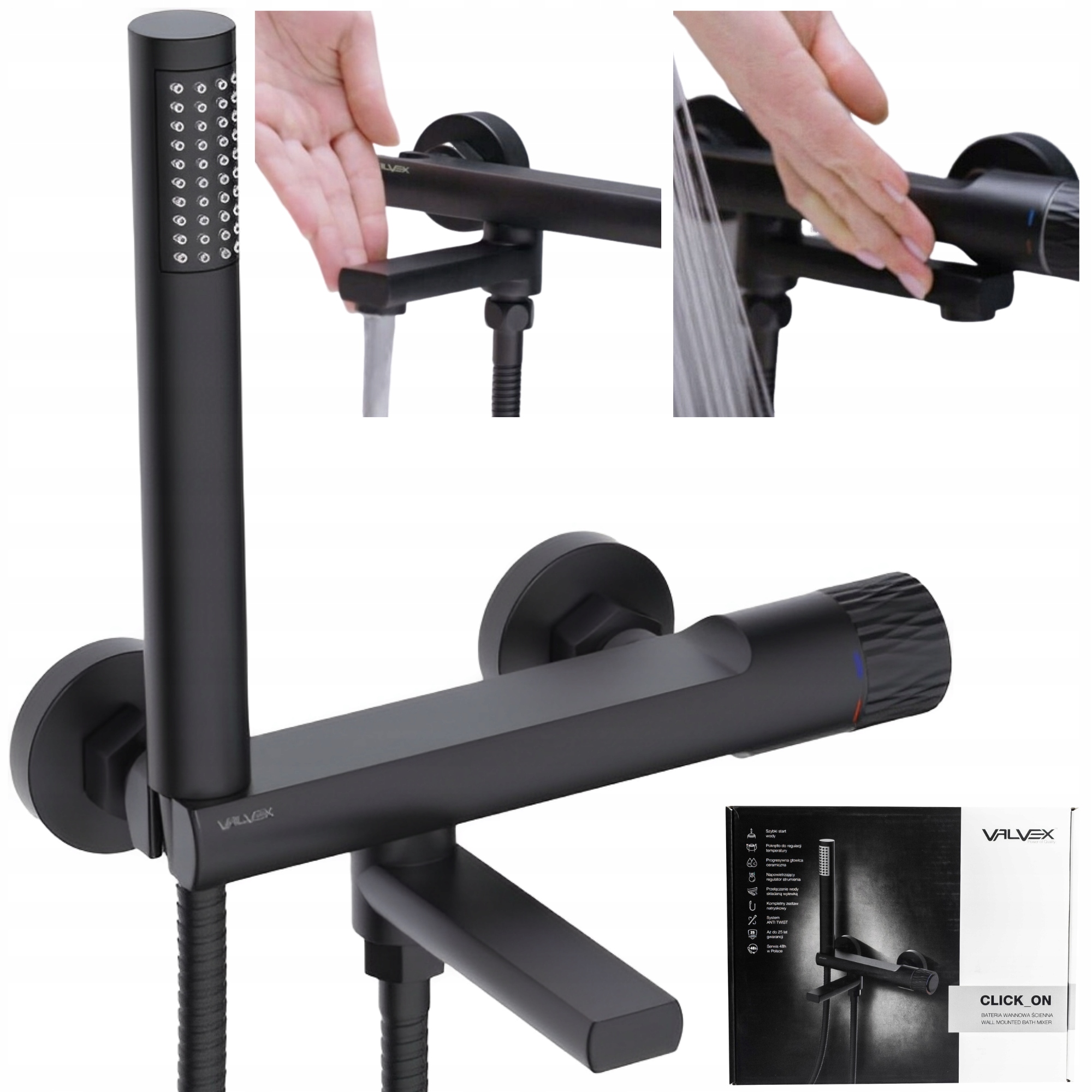 BATERIA WANNOWA PRYSZNICOWA ŚCIENNA Z MIESZACZEM VALVEX DECOR BLACK CZARNA