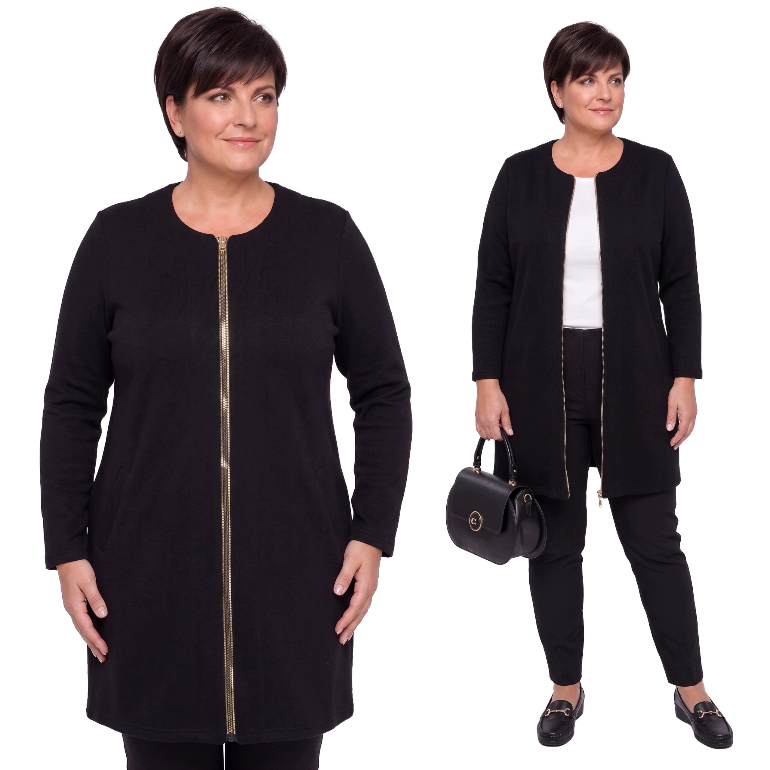 Dlouhý černý svetr se zlatým zipem plus size velikost 64