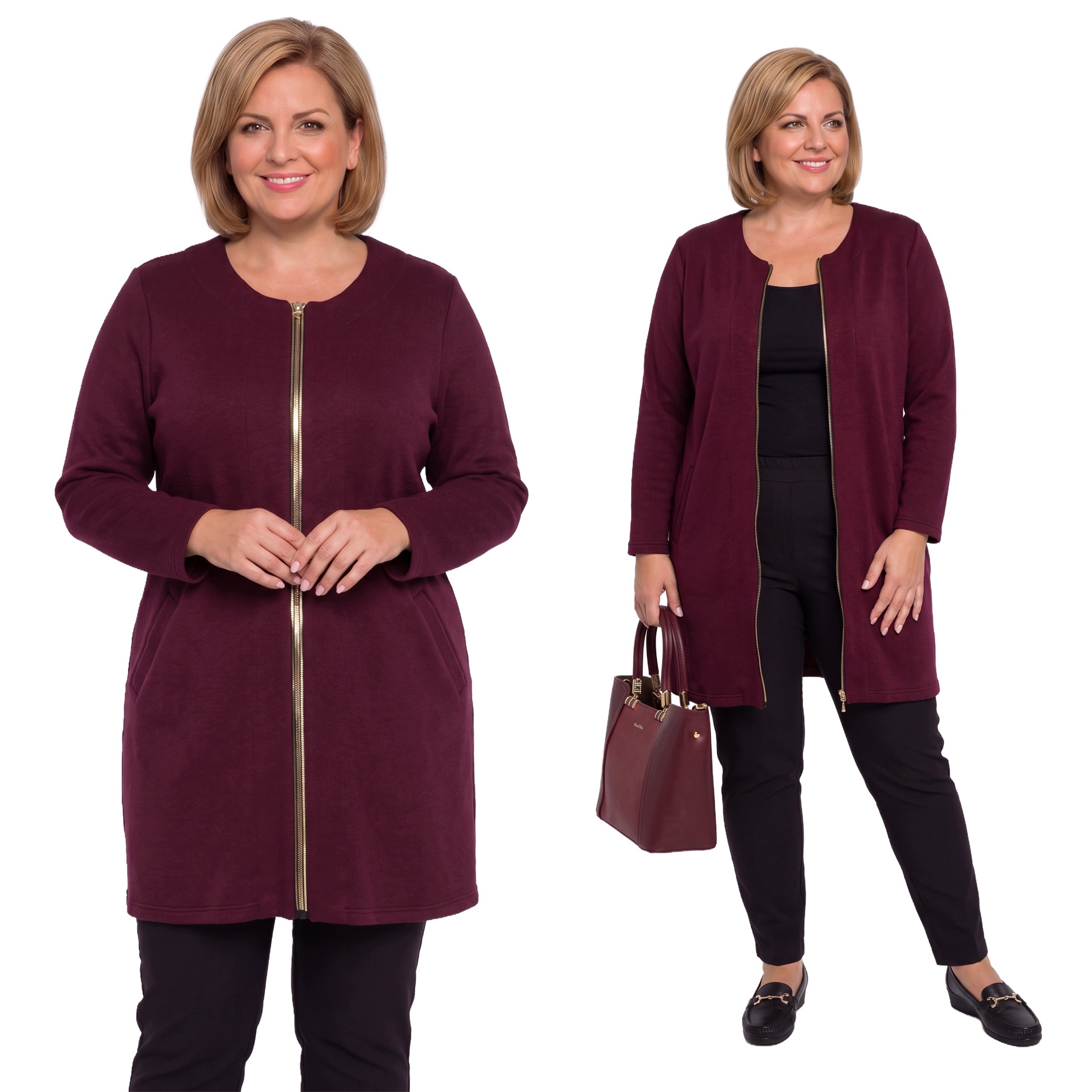 Dlouhý vínový svetr se zlatým zipem plus size velikost 50