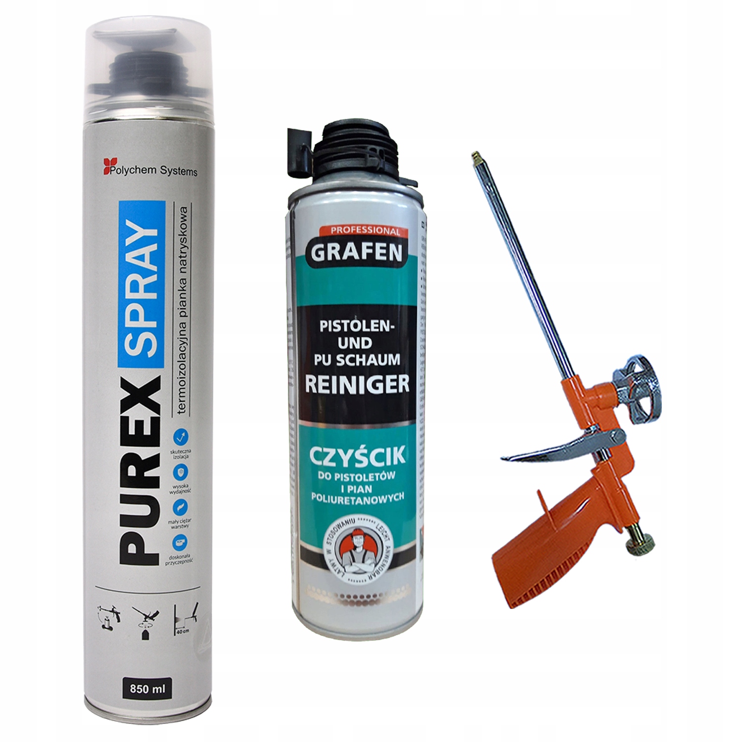 PUREX SPRAY Pianka PUR Izolacyjna Piana PUR Natryskowa + CZYŚCIK + PISTOLET