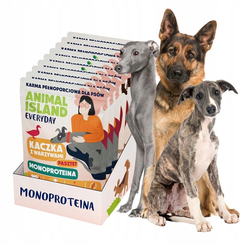 Animal Island Monoprotein 9×300 g DISPLAY–Krůta Telecí a kachní maso pro psy