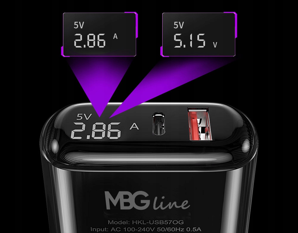 Szybka Ładowarka zasilacz 2XUSB 20W LED AMPEROMIERZ / WOLTOMIERZ QC3.0+PD3 Prąd wyjściowy 3000 mA