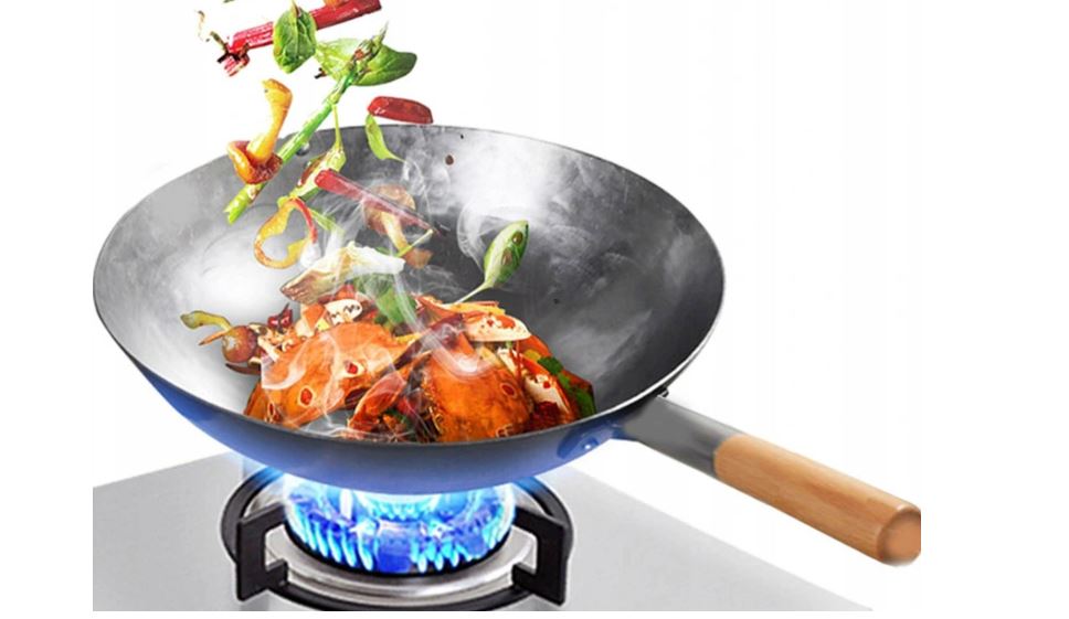 Kovaná Ocelová Pánev Wok Čínská Dřevěná Rukojeť 16" XL 40 cm Okrouhlé Dno