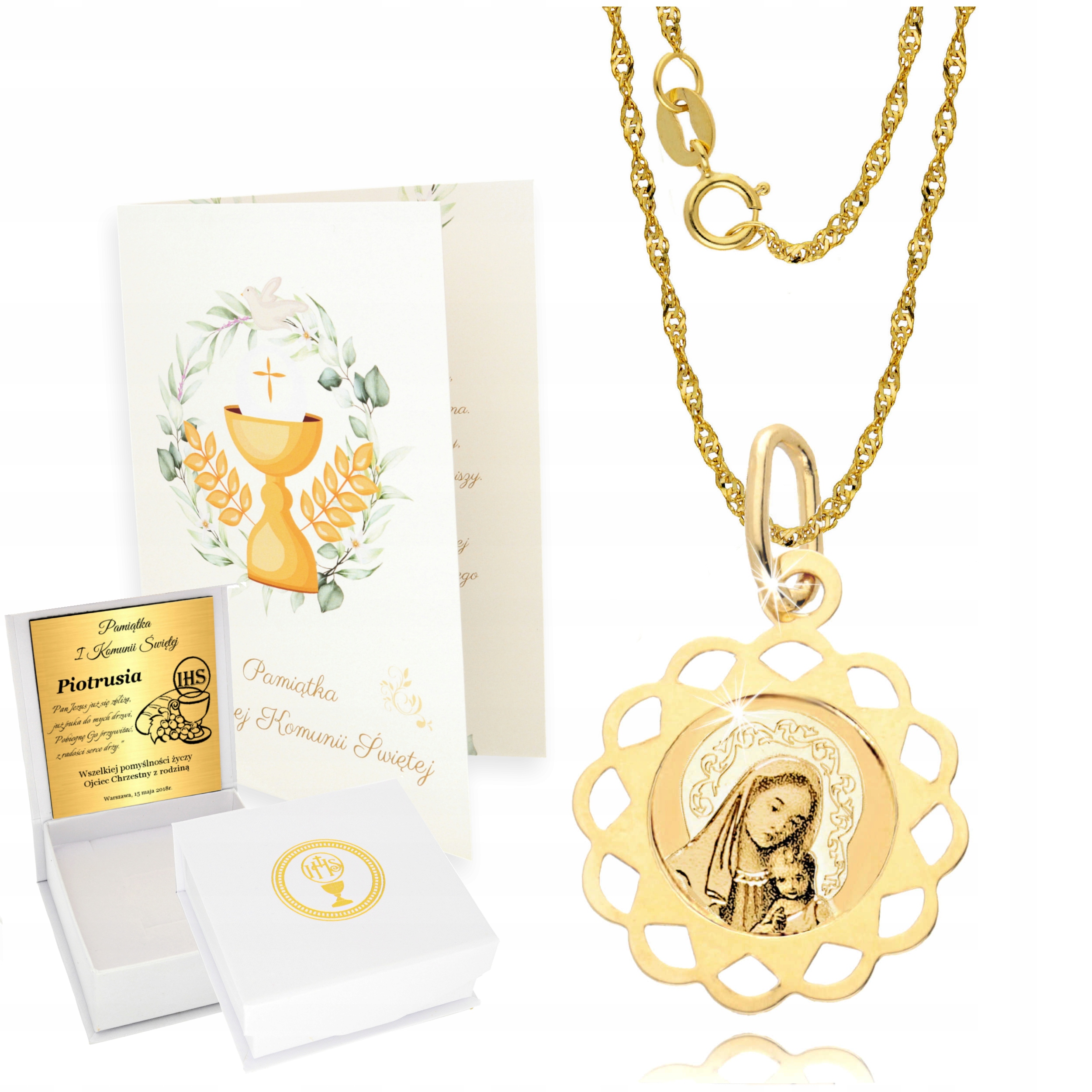 Złoty Łańcuszek z Medalikiem 585 Złoto Komunia Chrzest Grawer