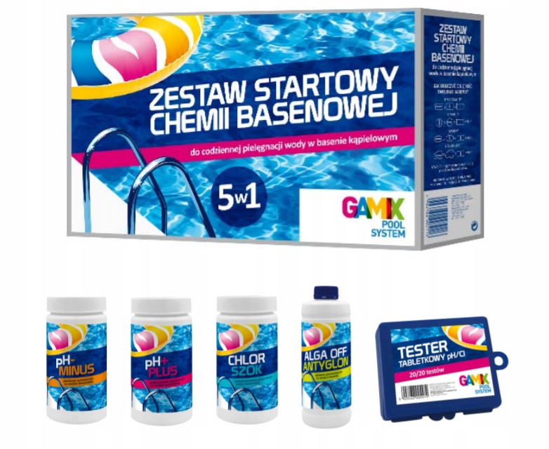Zestaw Startowy 5w1 Chemii Do Basenu Basenowej Chlor Antyglon Ph Test Gamix