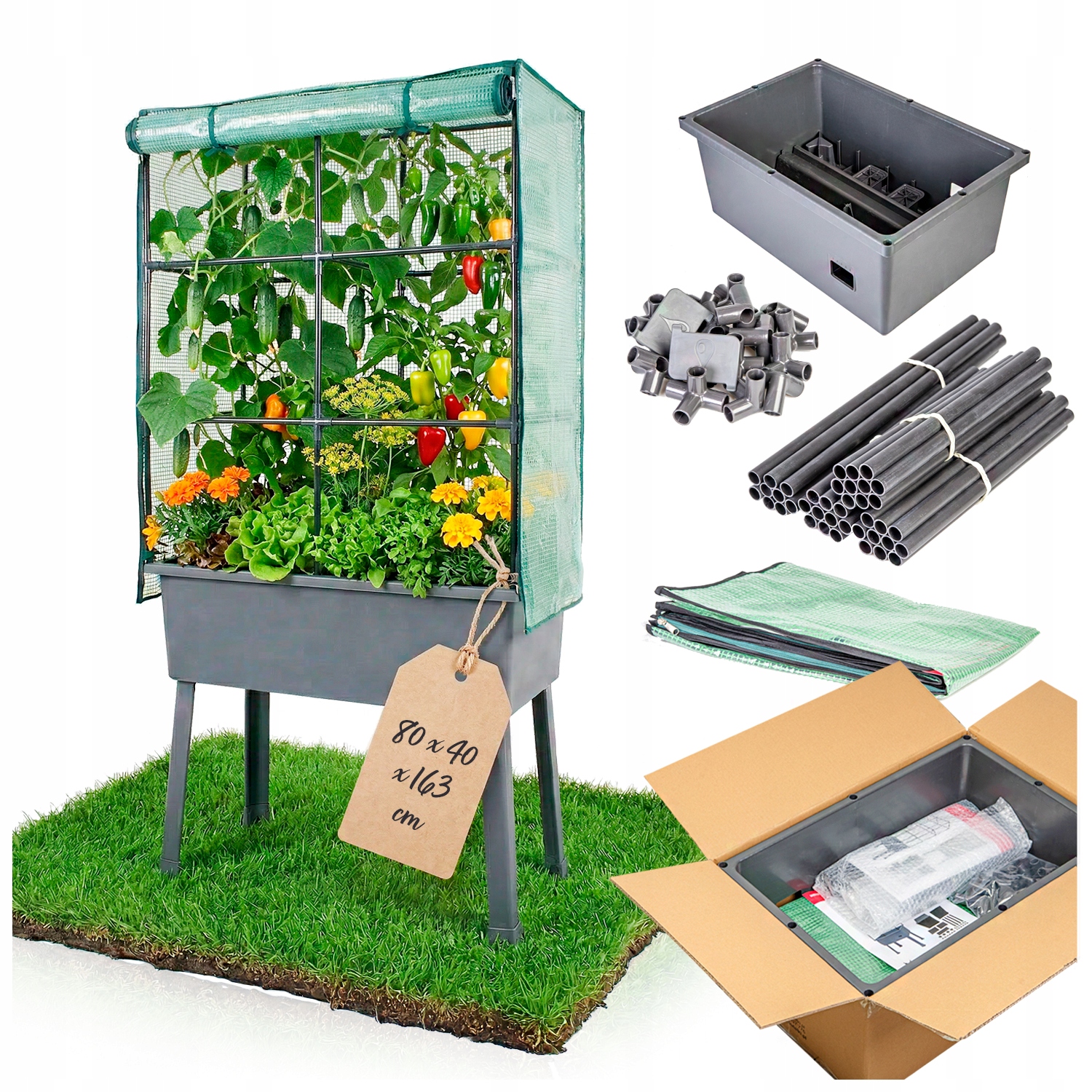 Balkonový skleník s vyvýšeným květináčem na zeleniny a rajčatové bylinky 80x40x162 cm