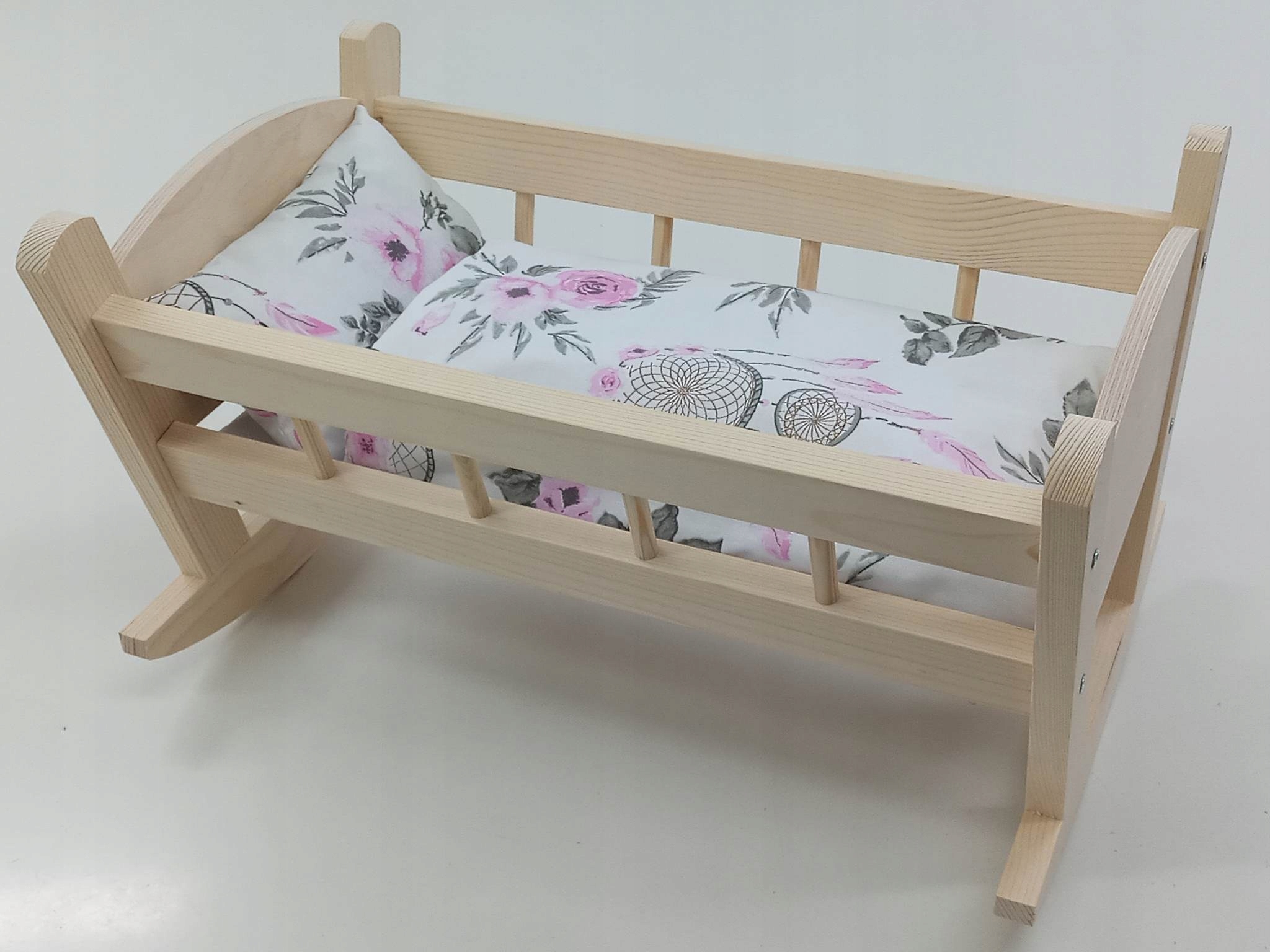 KOŁYSKA DREWNIANA dla lalek NIEMALOWANA + POŚCIEL