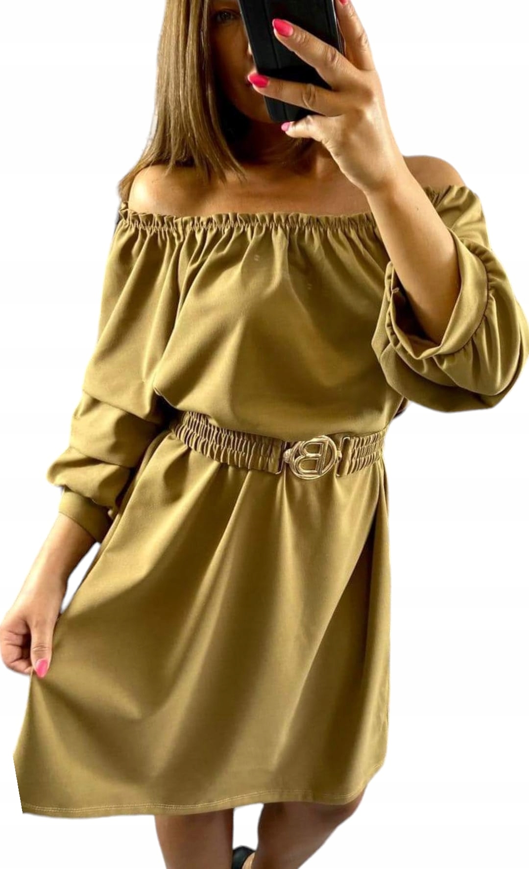 V718 Šaty Španělské Výstřih 3/4 Rukáv Kamel vel. 44 (2XL)