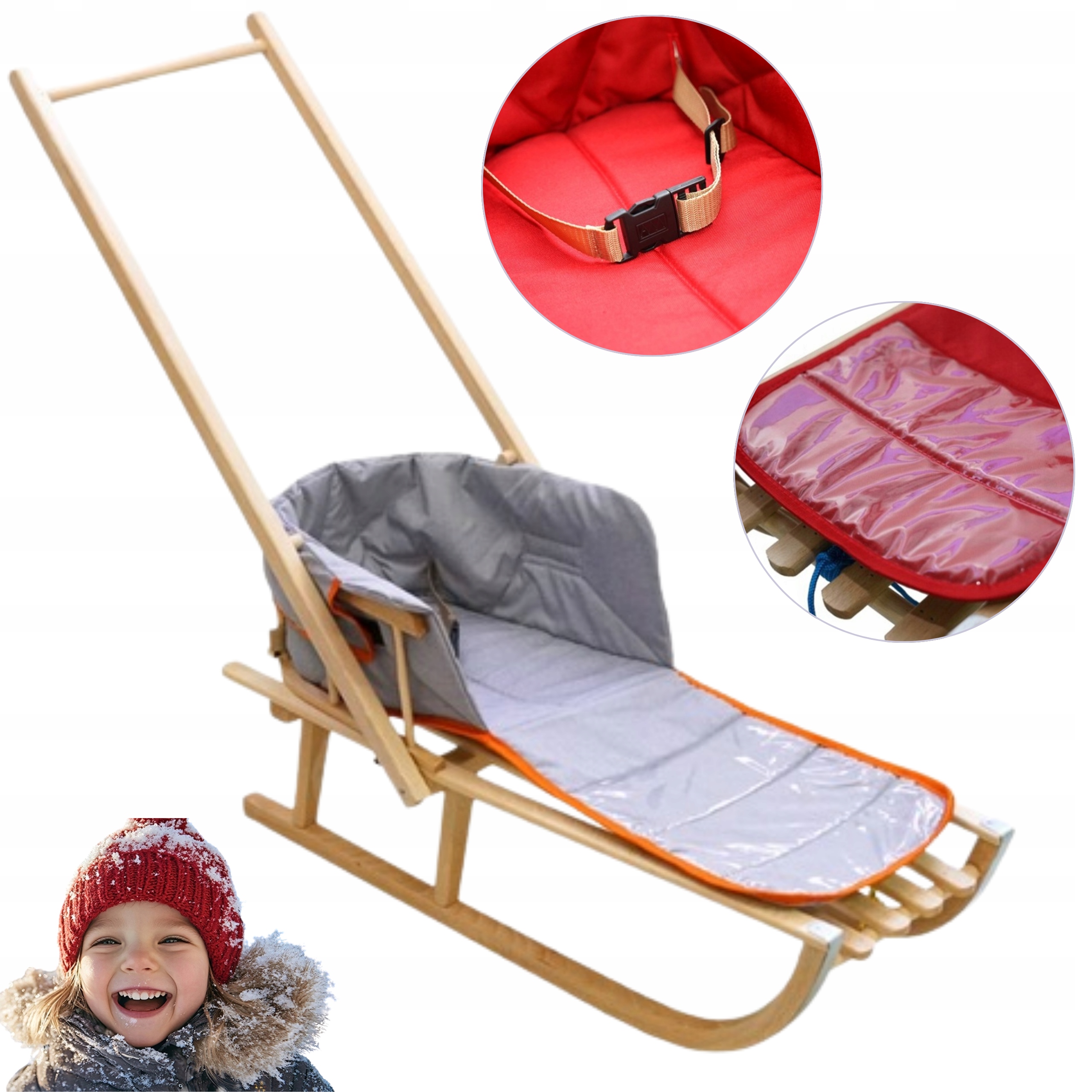 Sanki drewniane z oparciem i pchaczem dla dziecka Polskie Classic