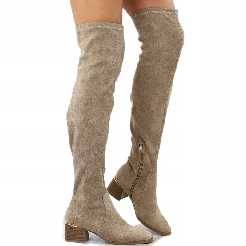 Béžové dámské kozačky za koleno, semišové na podpatku a podpatku mušketýrky