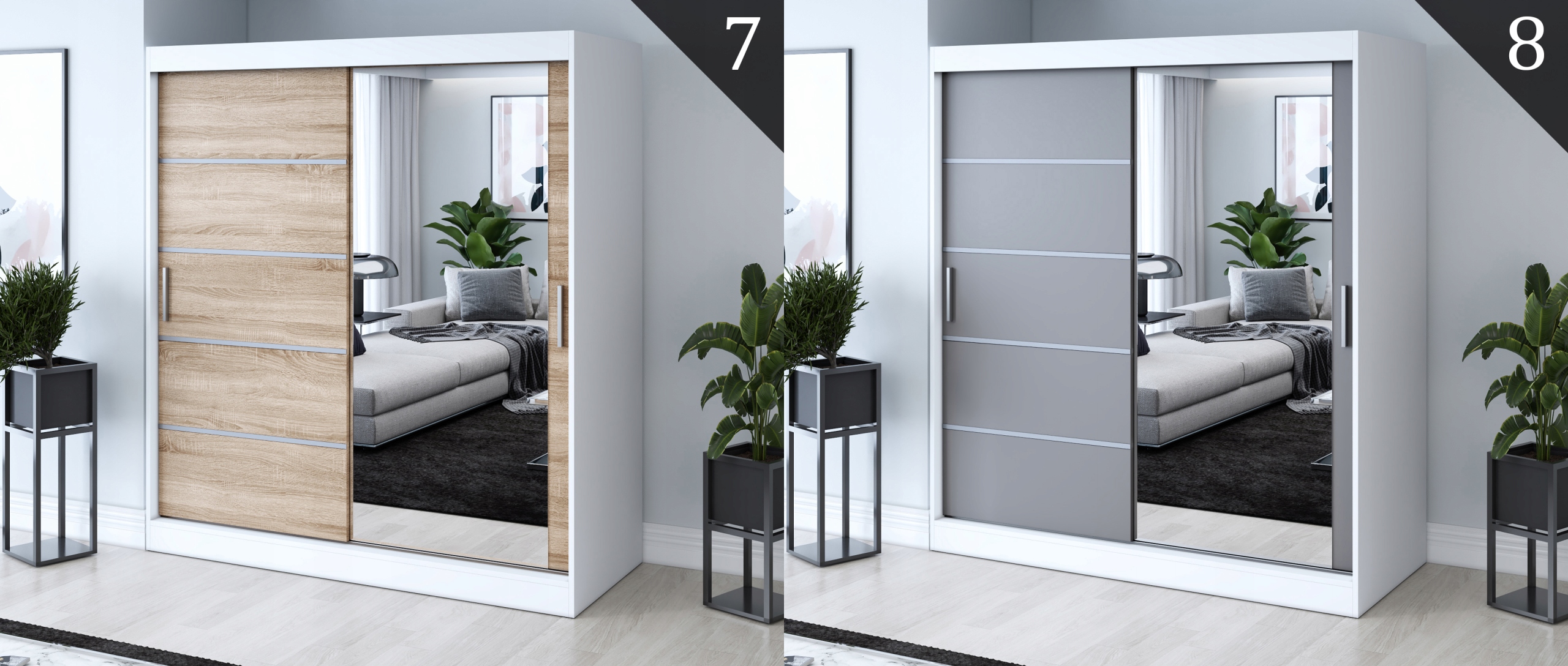 Szafa Przesuwna 180 cm Biała Listwy Lustro Głębokość mebla 60 cm