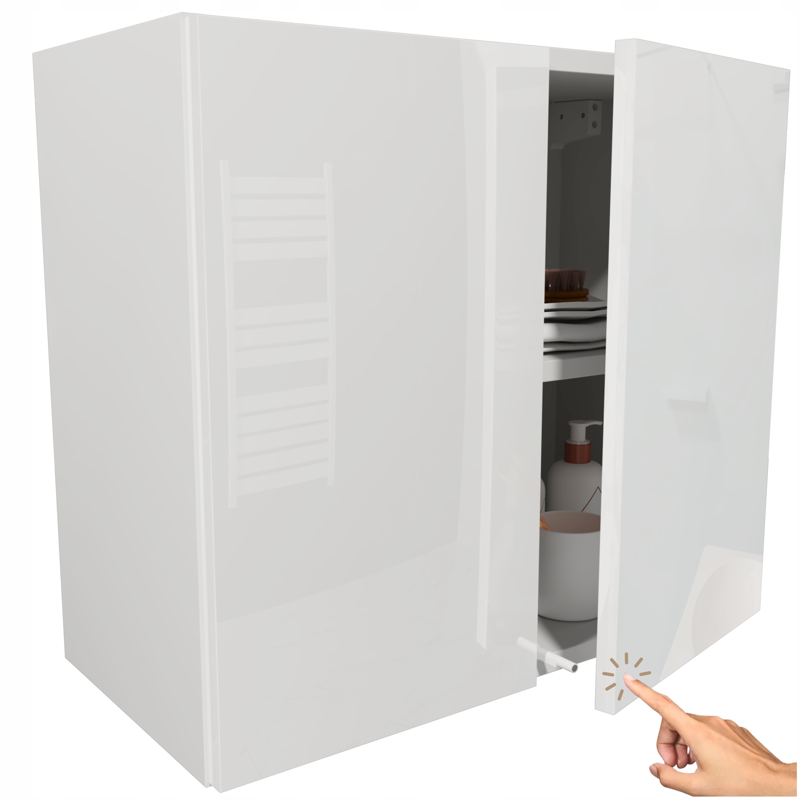 Malá, prostorná závěsná koupelnová skříňka do koupelny s bílým leskem na ručníky