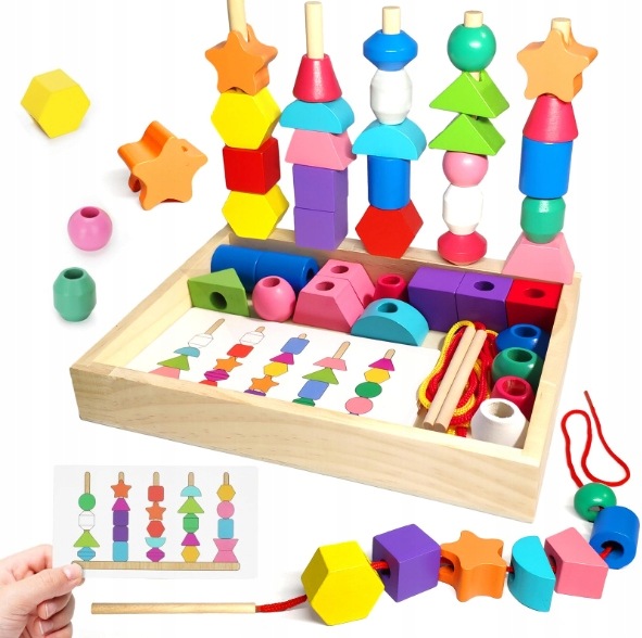 Drewniane Zabawki Montessori 2w1 Sortowanie Nawlekanie Koralików Dla Dzieci