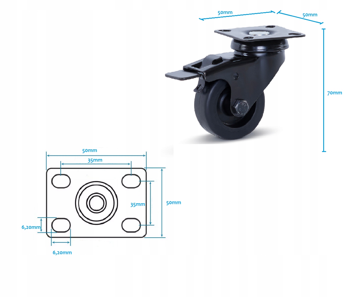 Koło skrętne kółko 50mm 40kg Mocne z hamulcem Kod producenta M4-50T