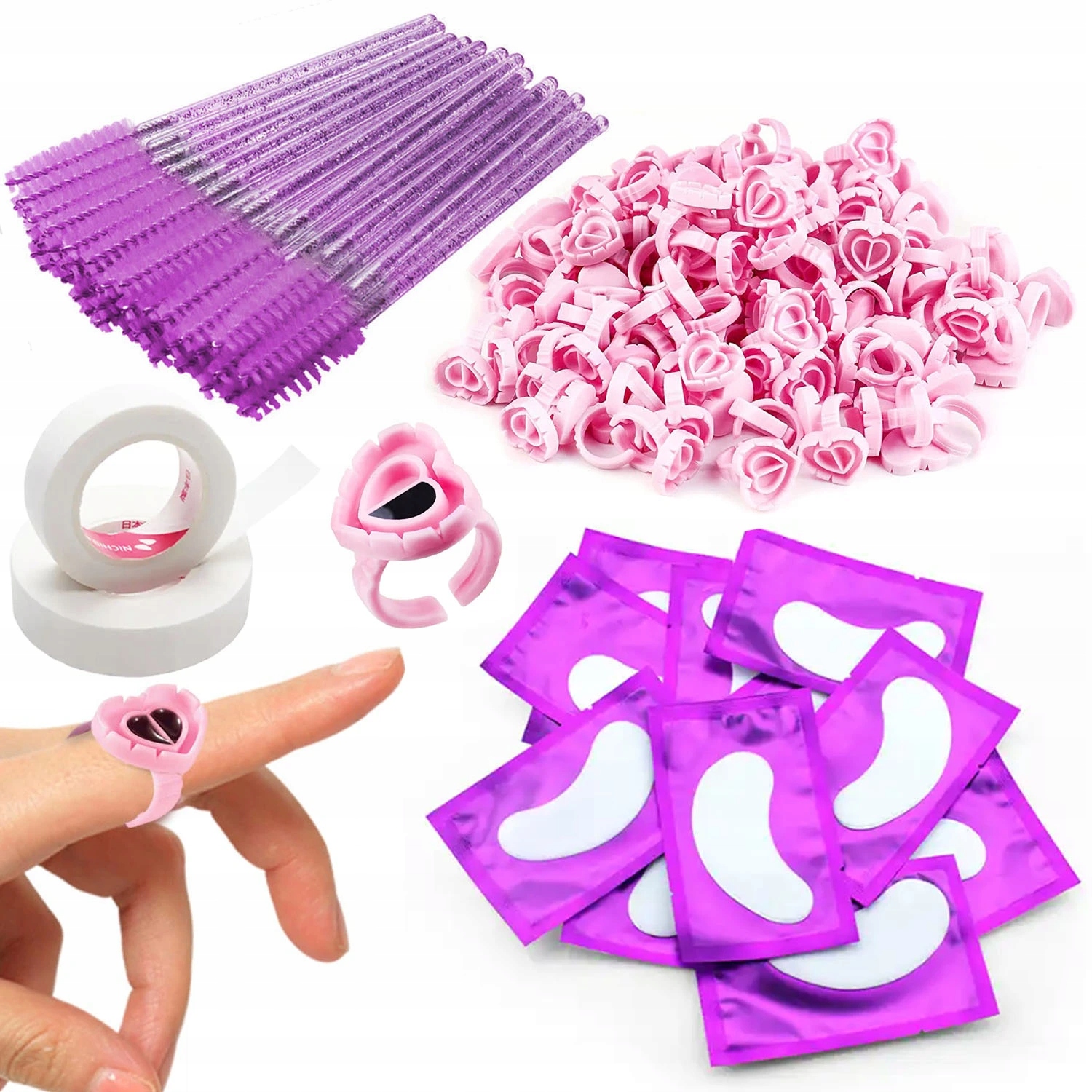 SZCZOTECZKA DO RZĘS TAŚMA PIERŚCIONKI DO KLEJU PŁATKI POD OCZY