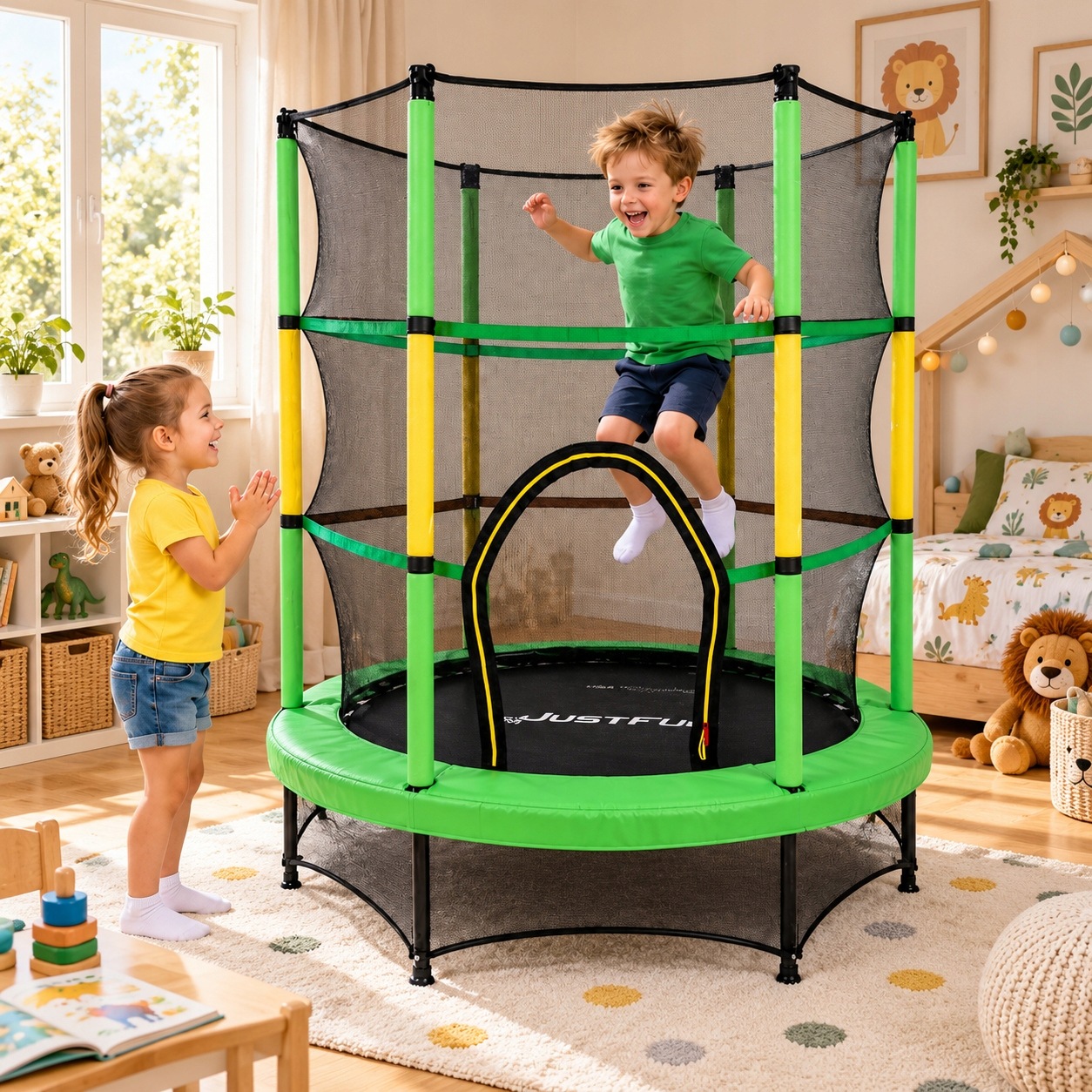 Trampolina Dla Dzieci 140 CM JustFun Zielono-Żółta Do Domu i Ogrodu