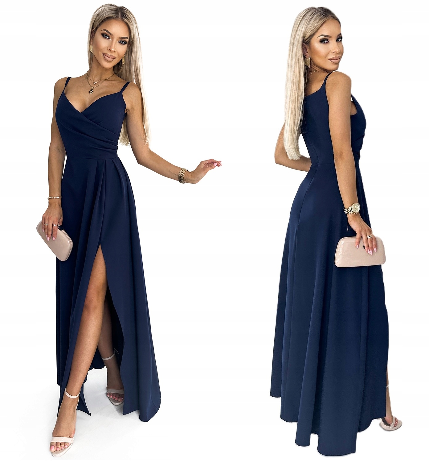 Elegantní Dlouhá Sukně Na Ramínka S Velkým Výstřihem Na Boku, Tmavě Modrá, Velikost L