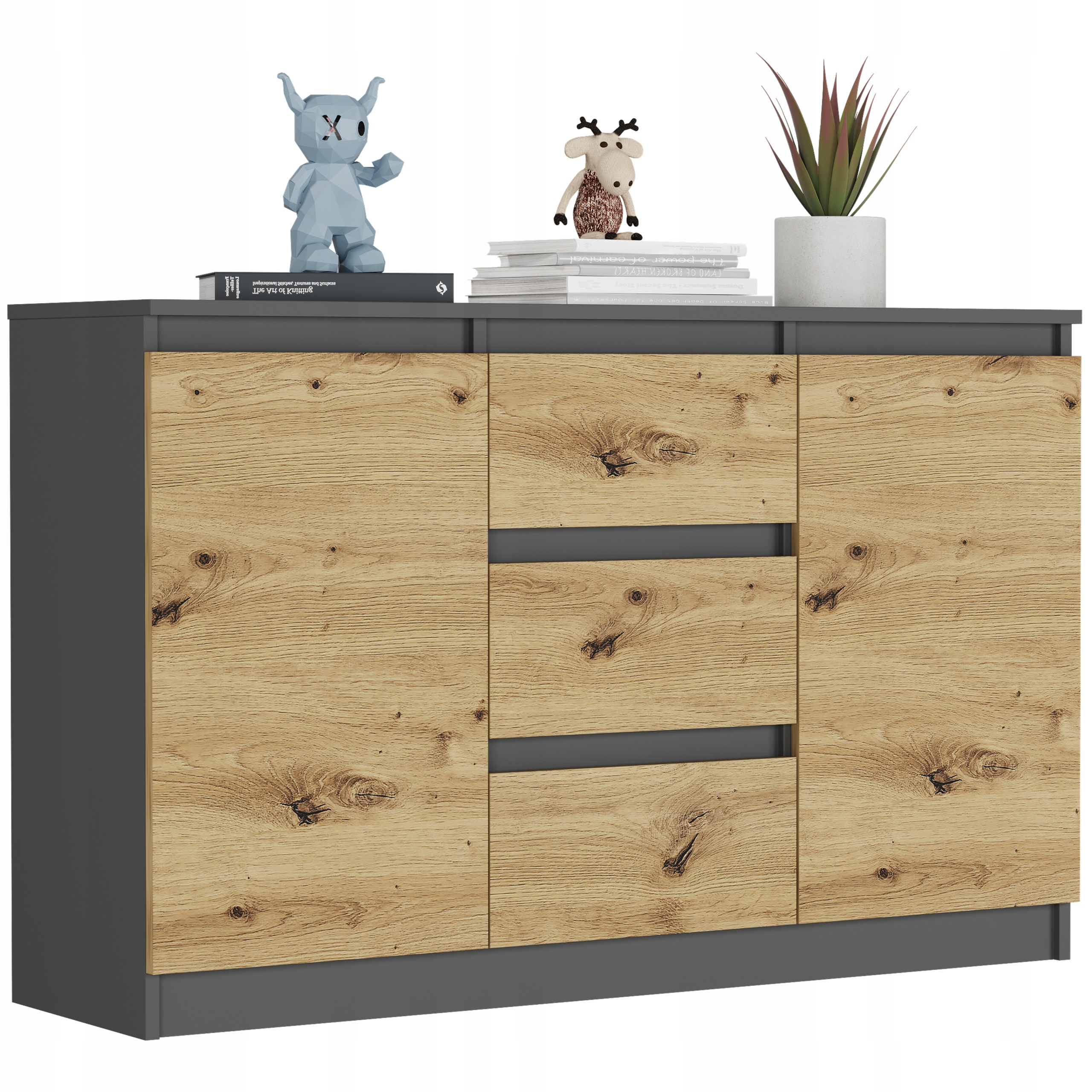 Komoda 120 cm 3 Zásuvky antracit mix artisan Velká skříňka Obývací pokoj Ložnice