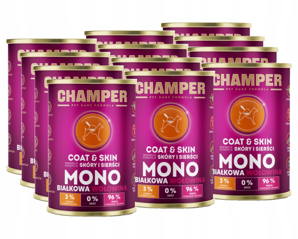 Levně Champer Coat&Skin s hovězím masem Vlhké Krmivo pro psy 12 x 400 g