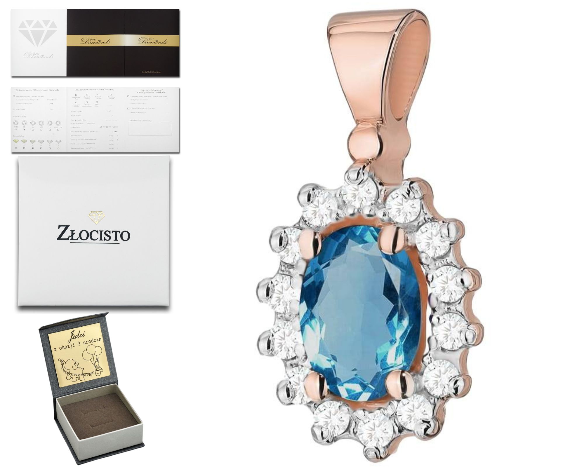 Růžové Zlato Přívěsek S Diamanty Topaz London Blue 585 Dárek