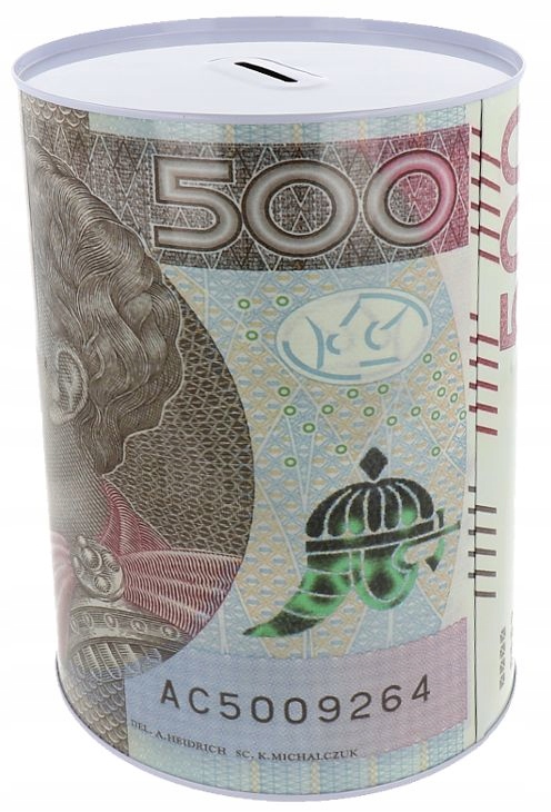 

Skarbonka Puszka Metalowa 500zł 12,5/8cm
