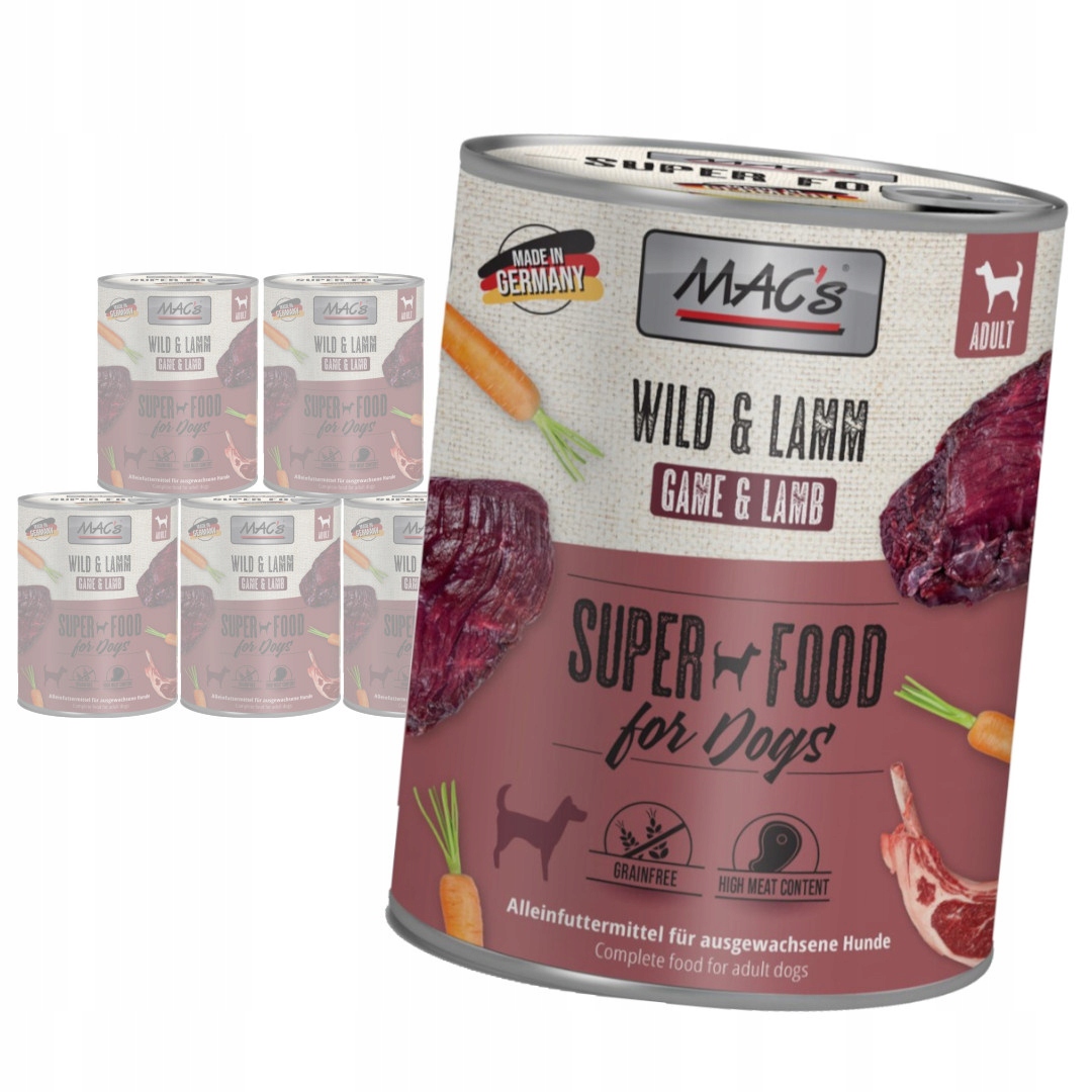 Levně MAC's Dog 6x800g Bezobilné Vlhké Krmivo pro psy se zvěřinou a jehněčím masem
