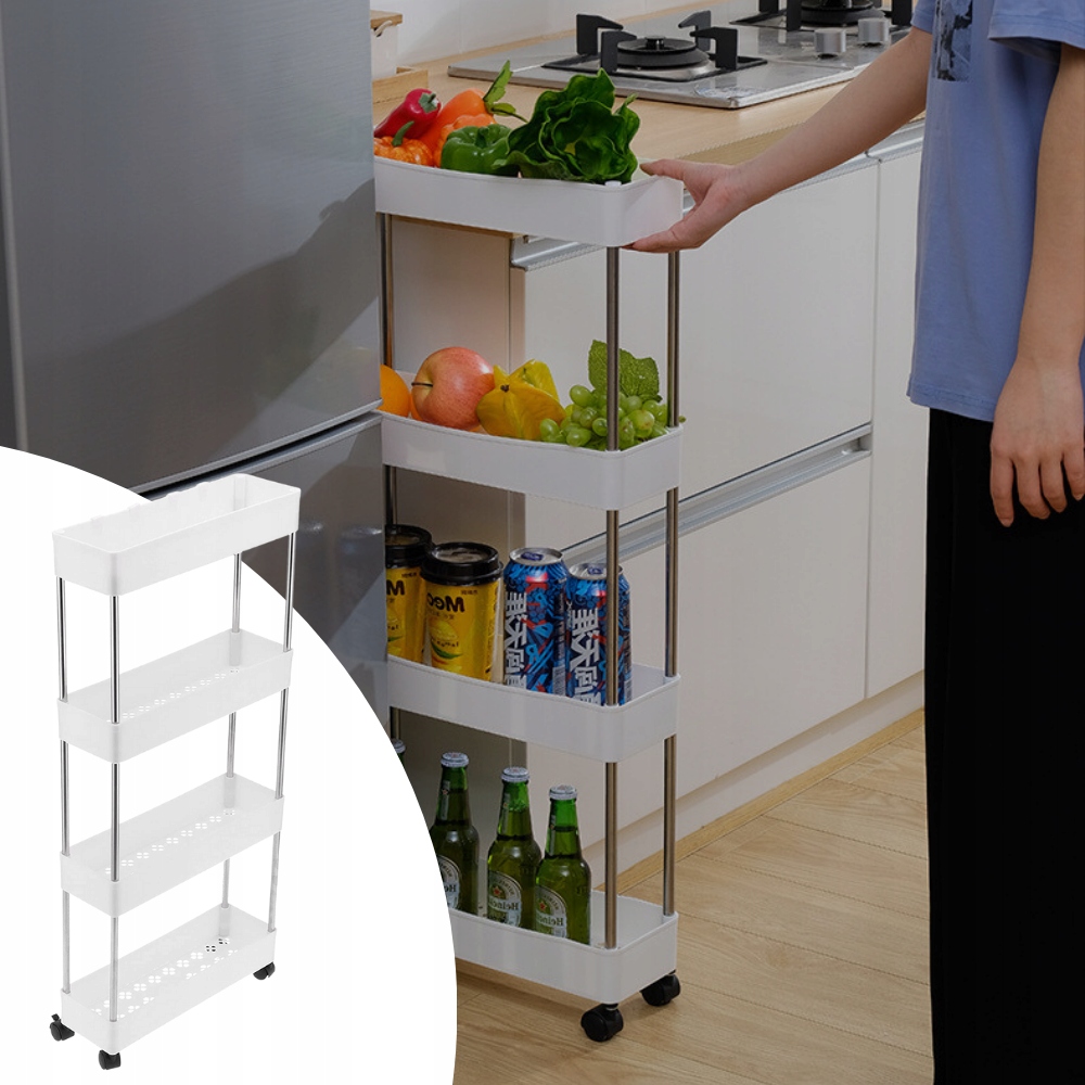 PÓŁKA ŁAZIENKOWA KUCHENNA SZAFKA NA KÓŁKACH REGAŁ 4 POZIOMOWY Z HACZYKAMI Wykończenie białe