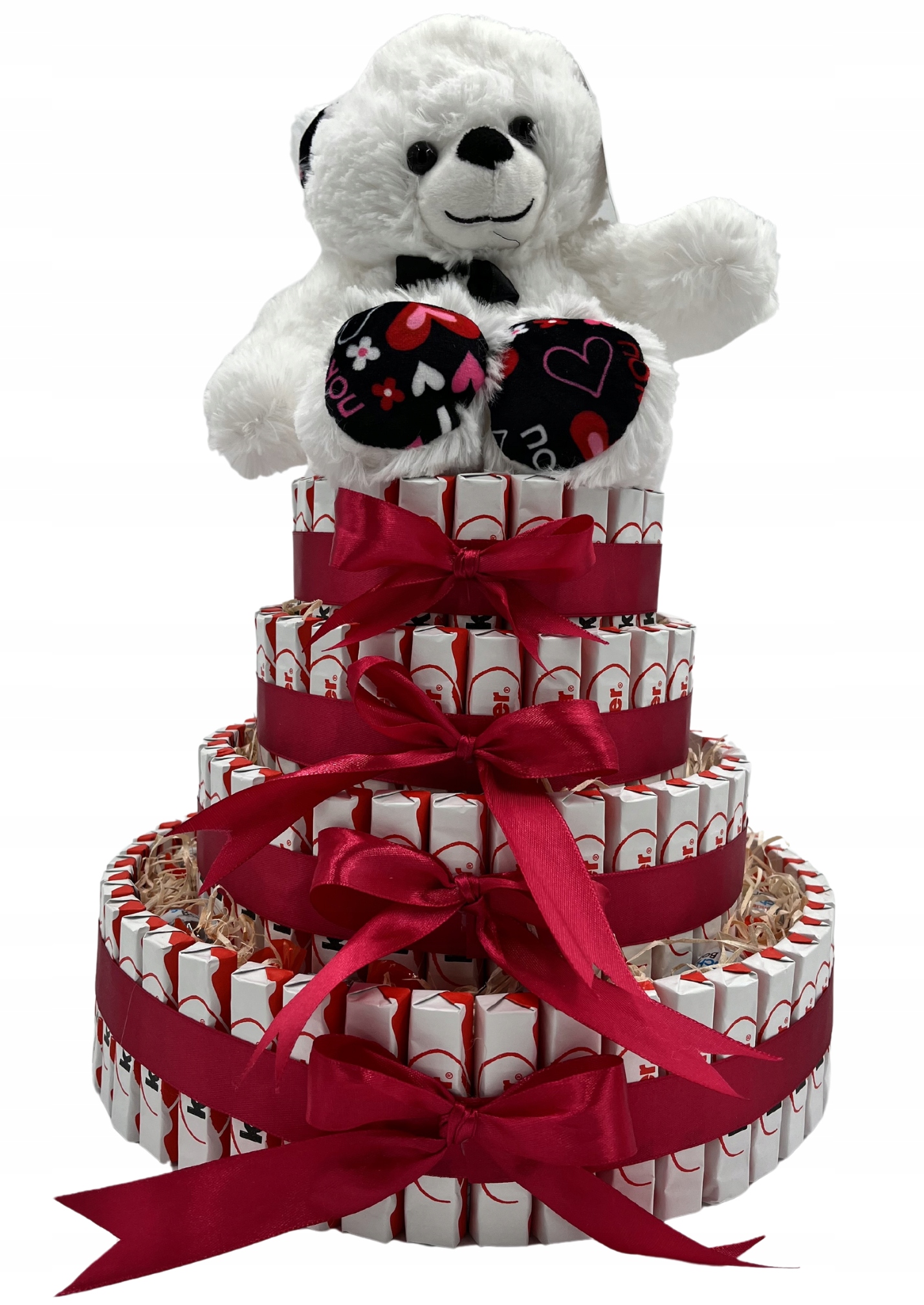 Levně Dort Kinder 4-patrový 125 Kinderků dárek pro dítě s plyšákem