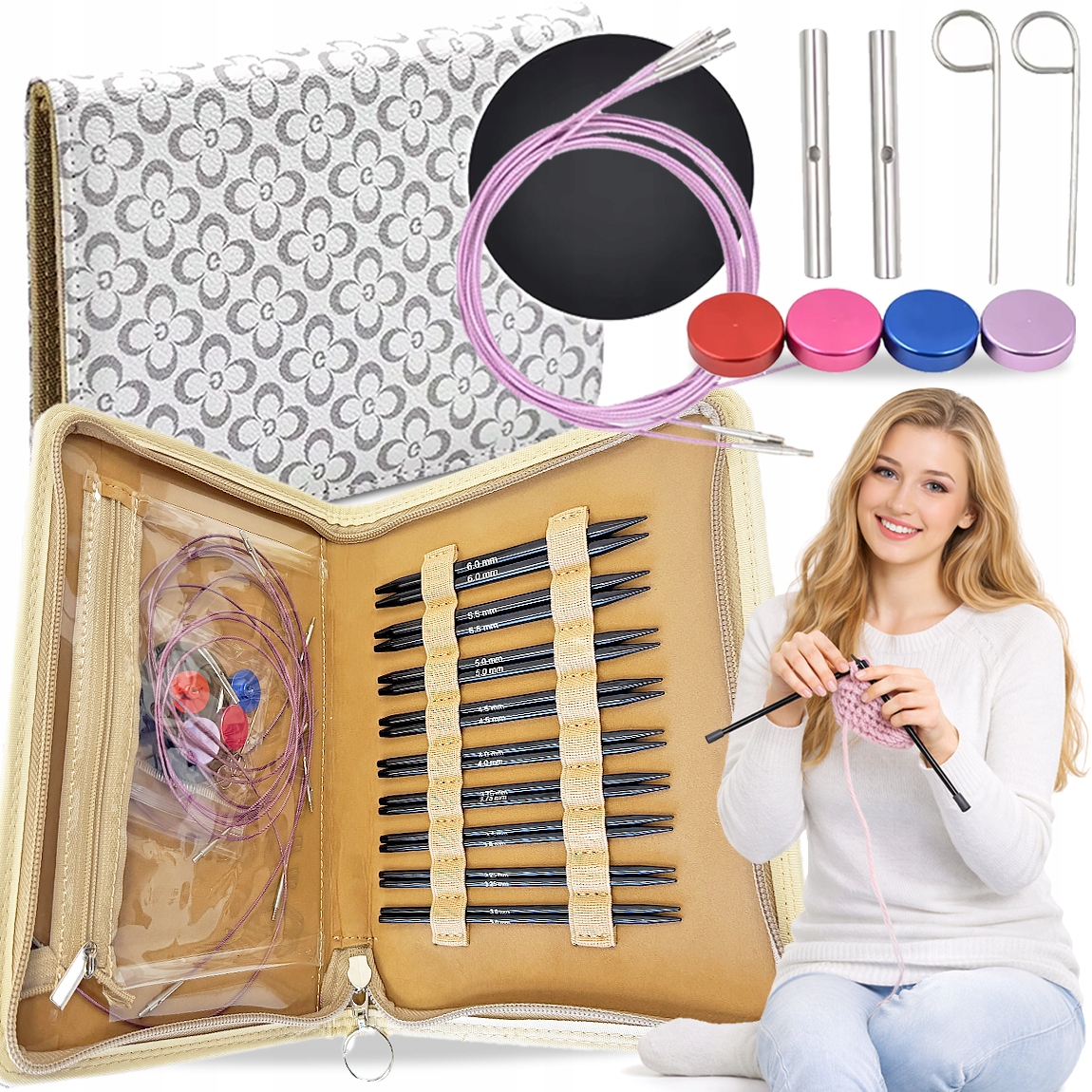 ZESTAW DRUTÓW ETUI DO ROBIENIA NA DRUTACH 32 EL. NA ŻYŁCE 18 DRUTY 3-6MM