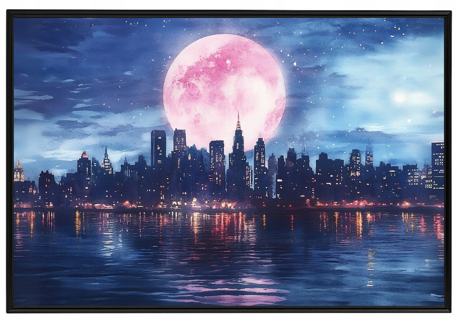 Plakát Panorama Rámeček Mrakodrapy Řeka Noc Měsíc 60x40