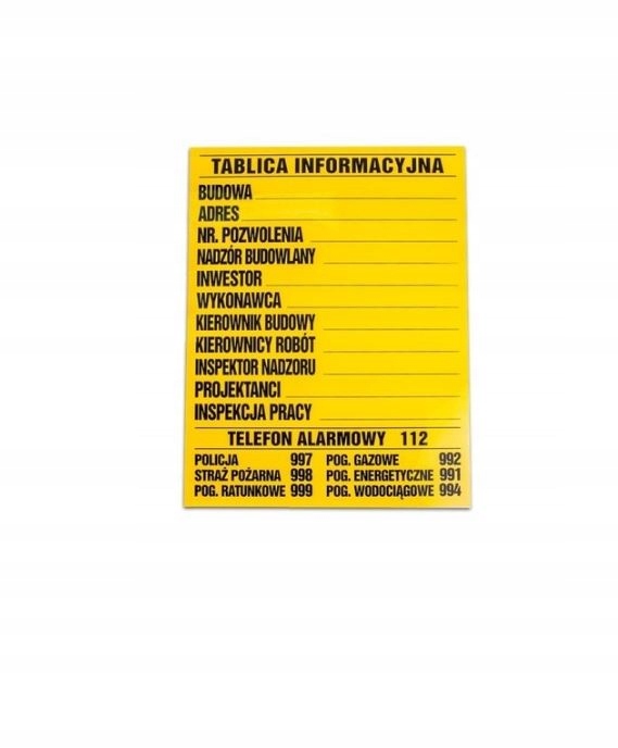 

Tablica Informacyjna Budowlana Na Budowę 90x70 CM