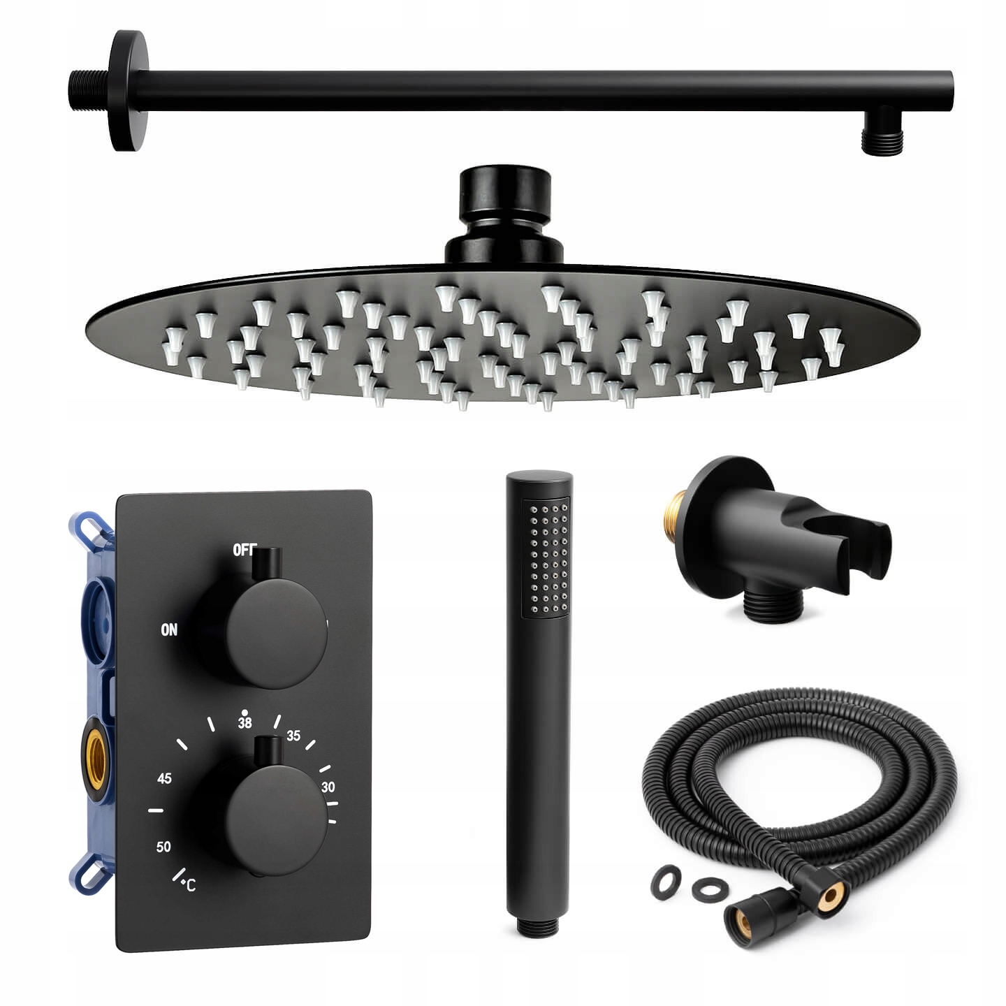 Černý podomítkový set s termostatem do sprchy, kulatá dešťová sprcha