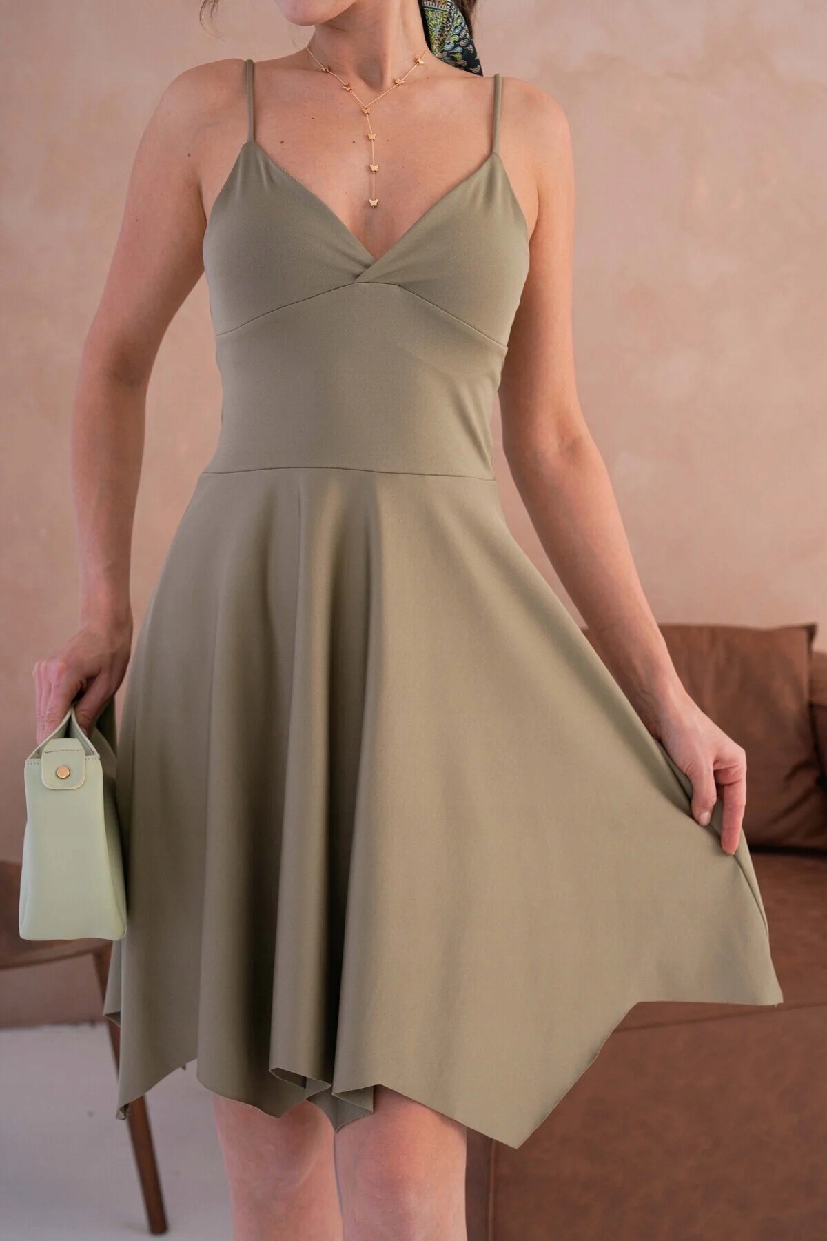 Šaty MIDI Záševky Na Ramínka Kališovaná Khaki XL 5IA
