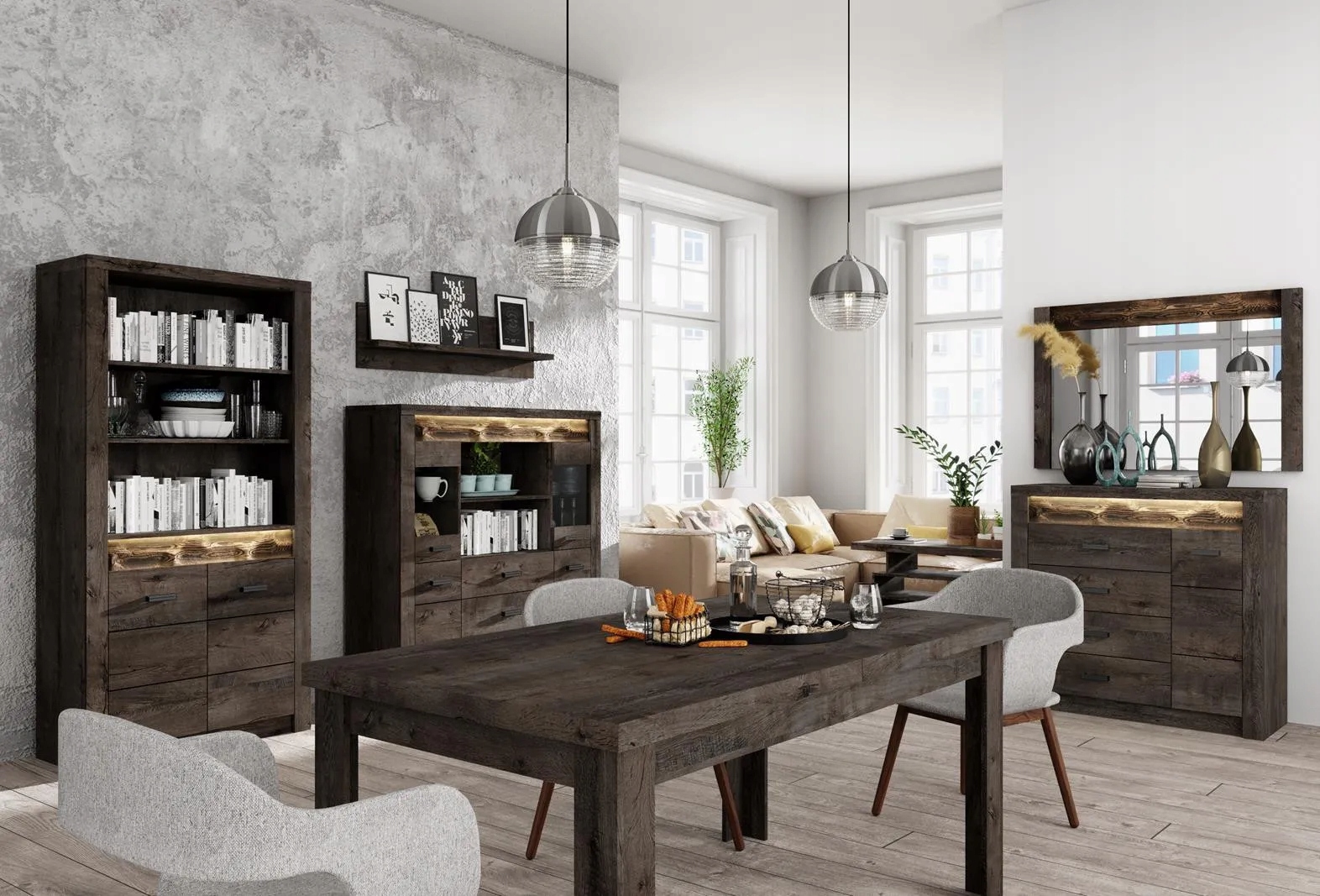 Witryna z oświetleniem LED z szufladami duża INDIANAPOLIS jesion ciemny Kod producenta INDIANAP/I3/JES_CIEM + led blat