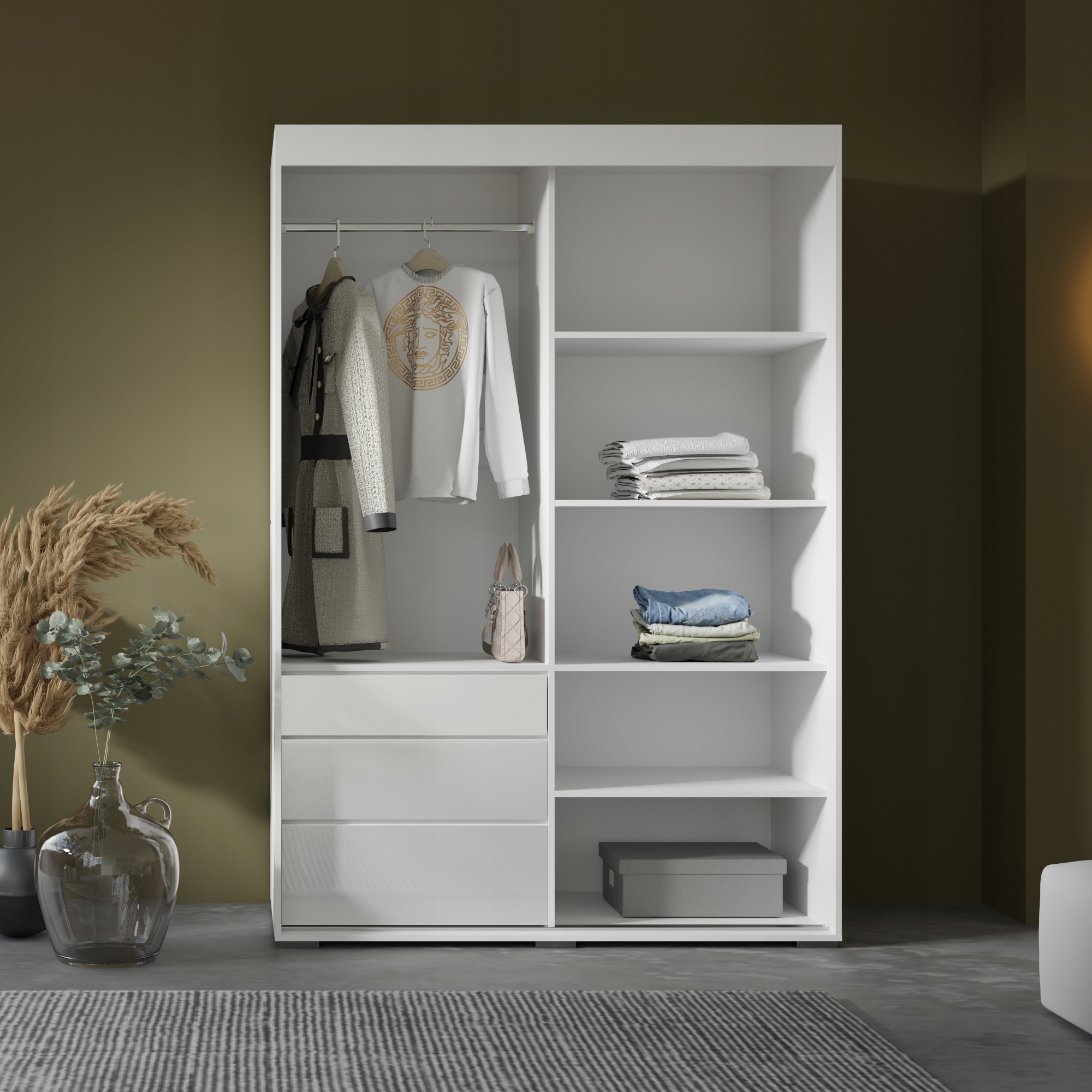 Szafa przesuwna z szufladami Torino 2D 140 Biała (lacobel)