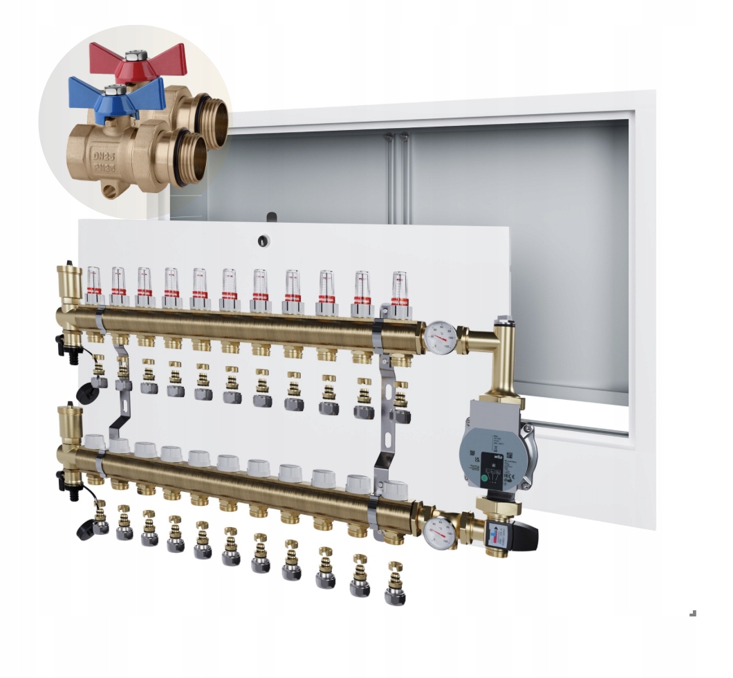Rozdělovač podlahového vytápění 11 Podomítková skříňka+WILO+PEX+KULOVÝ Ventil