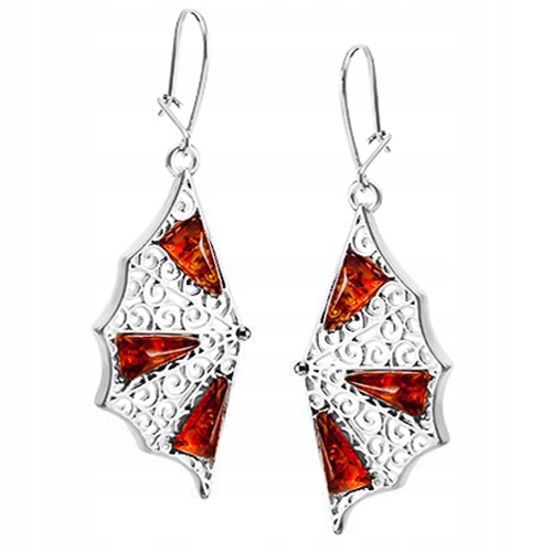 Wachlarze flamenco prolamované Velké Náušnice s přírodním jantarem Stříbro 925