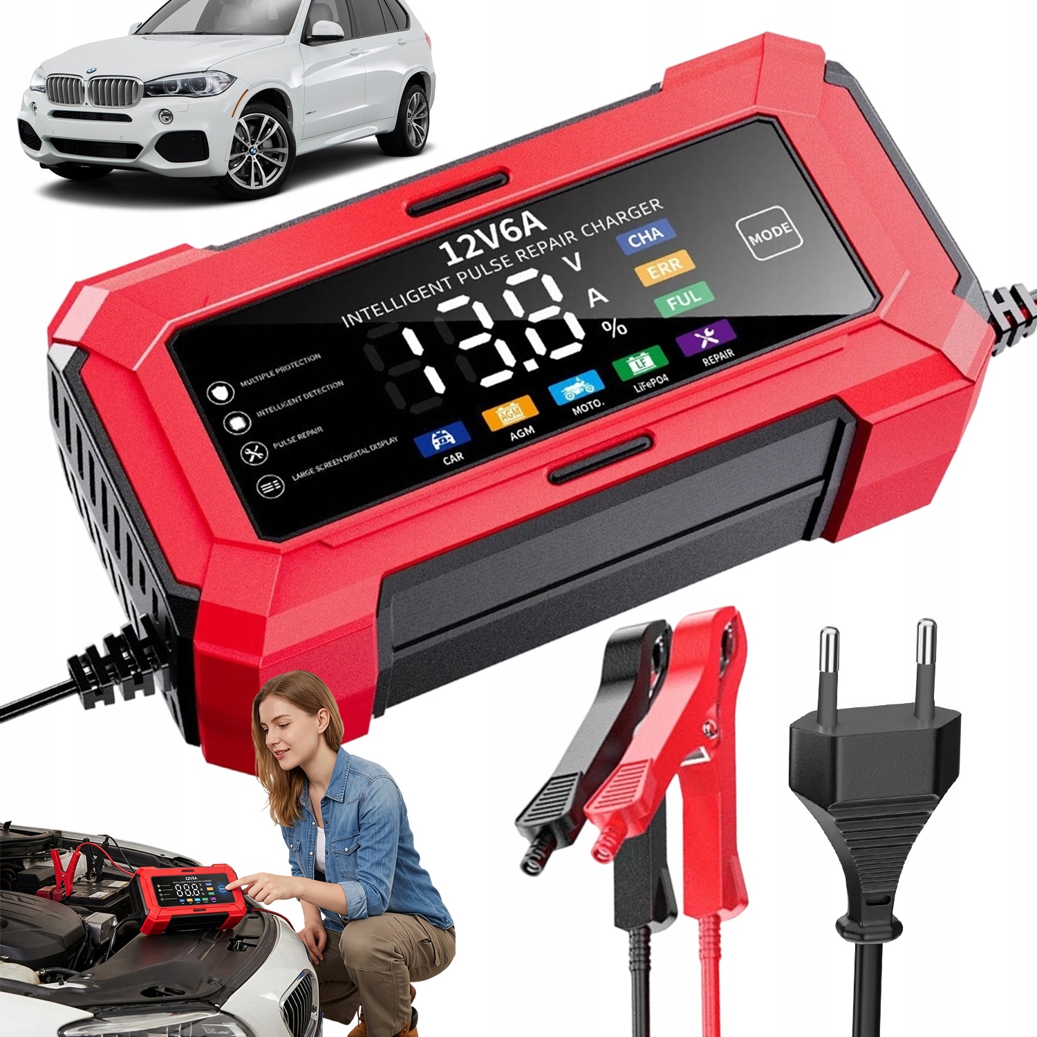 Automatyczny Inteligentny Prostownik Ładowarka Akumulatora LCD 12V 6A