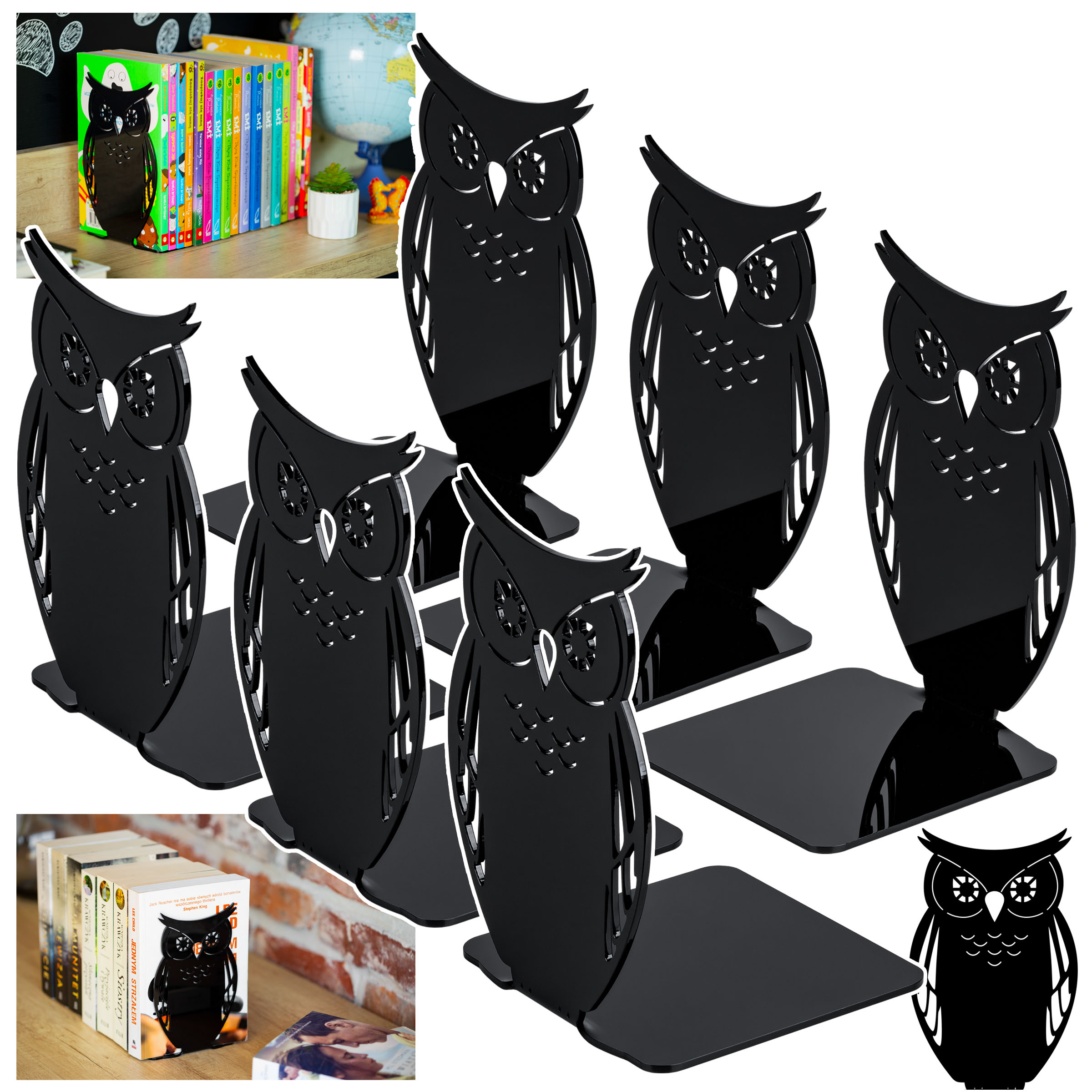 Podpórka podstawka ogranicznik DO KSIĄŻEK plexi czarna SOWA2 zestaw 6 szt