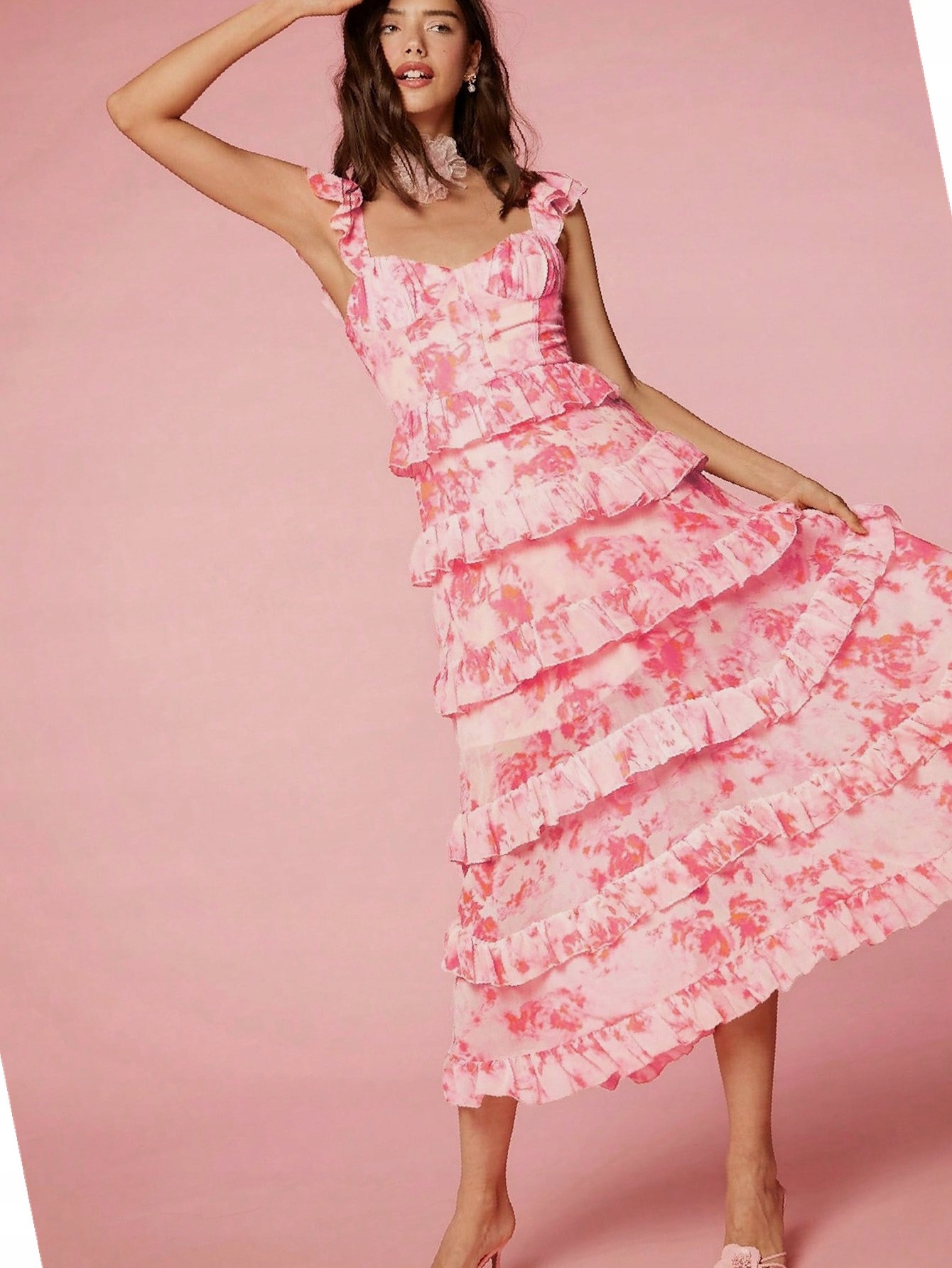 Šaty s květy Boho Šifonová s volánky Balová Xs 34