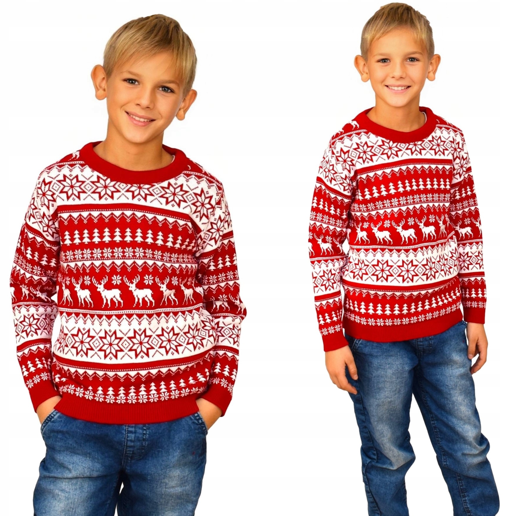 CZERWONY ŚWIĄTECZNY SWETER NORWESKI W ŚWIĄTECZNE DLA DZIECKA RENIFERY 9/10y