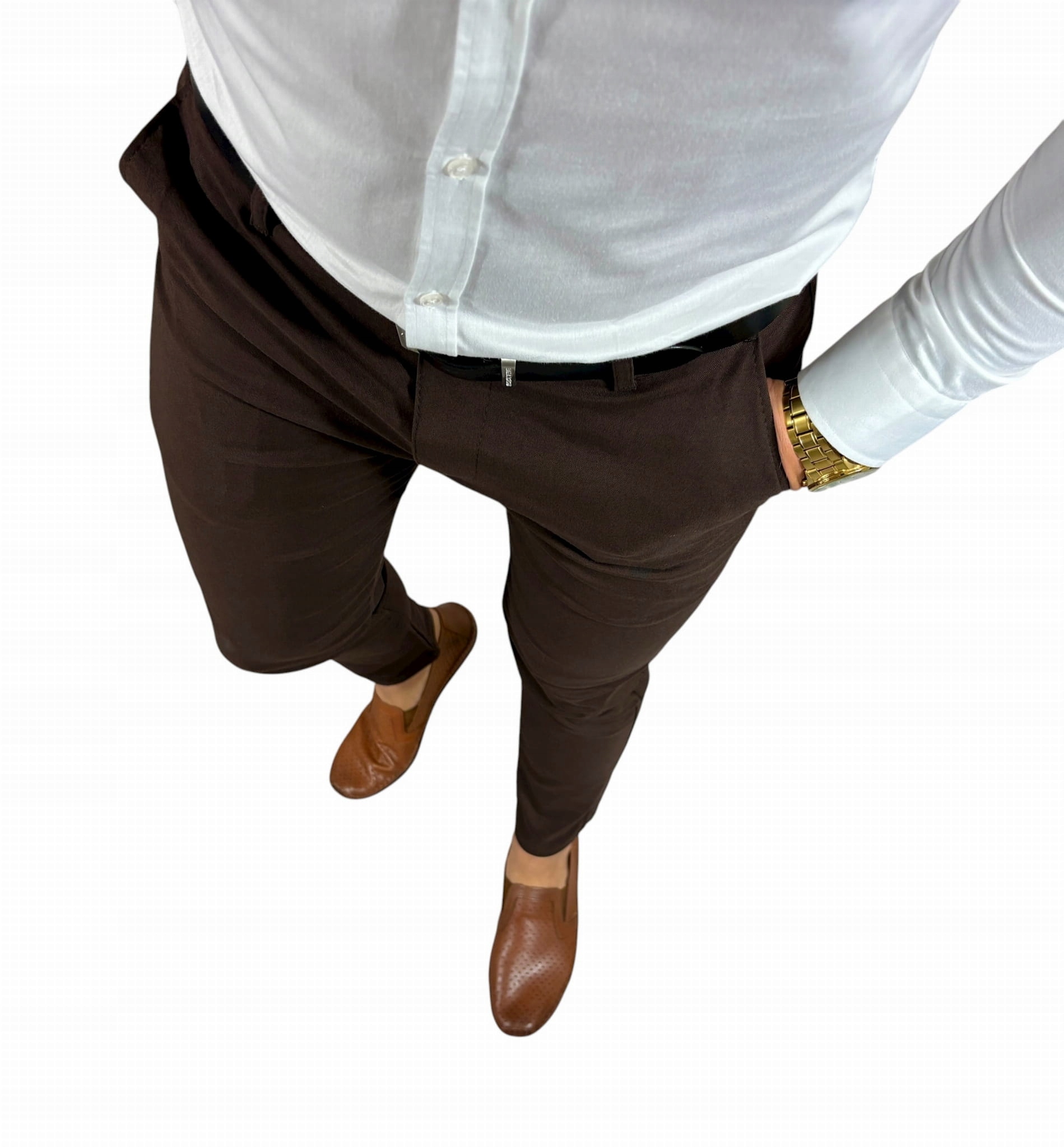 Pánské kalhoty Slim Fit Chino Elegantní čokoládové vizitkové DJ014 W34