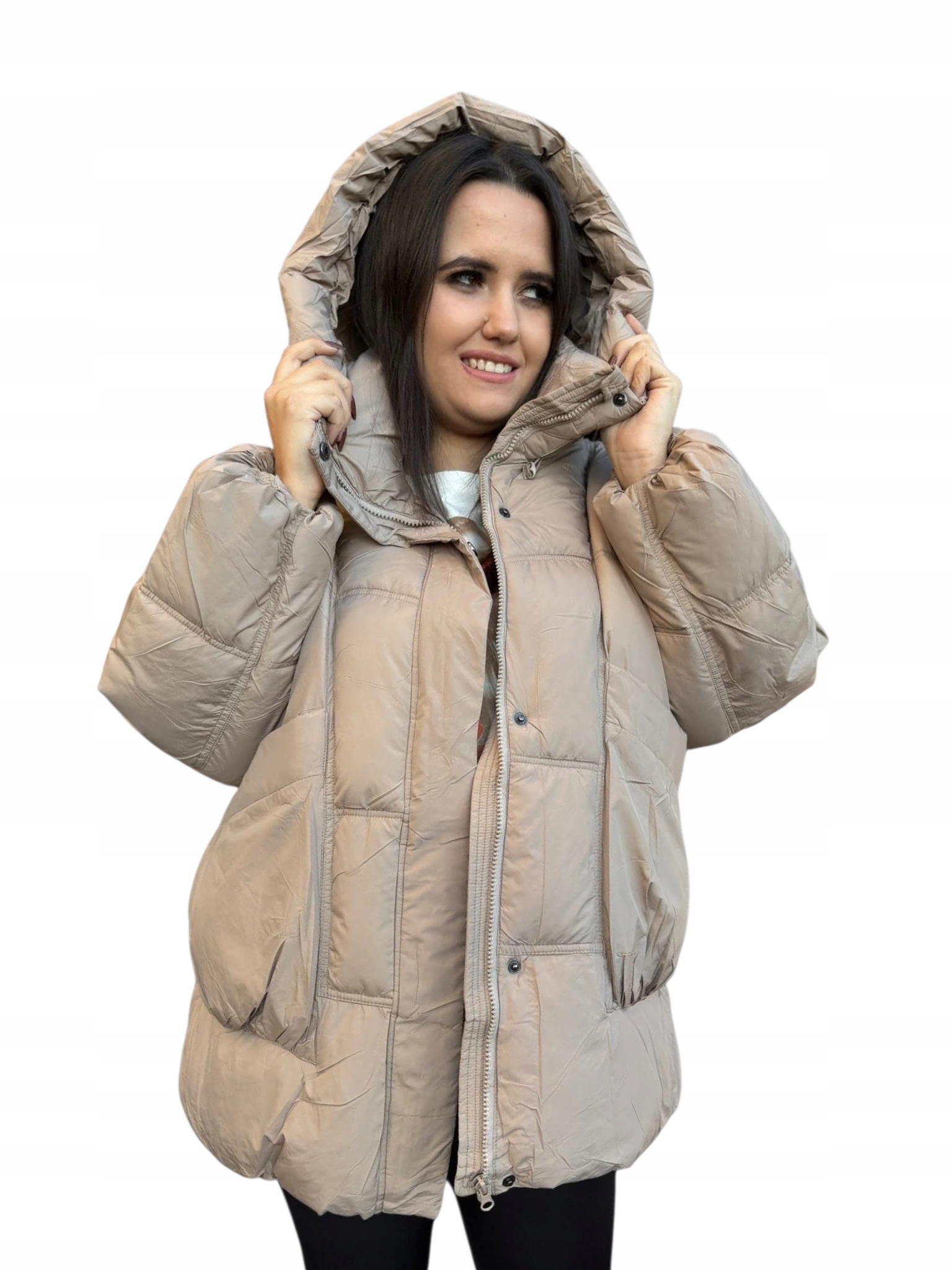 Prošívaná bunda s kapucí, béžová, velikost XXL