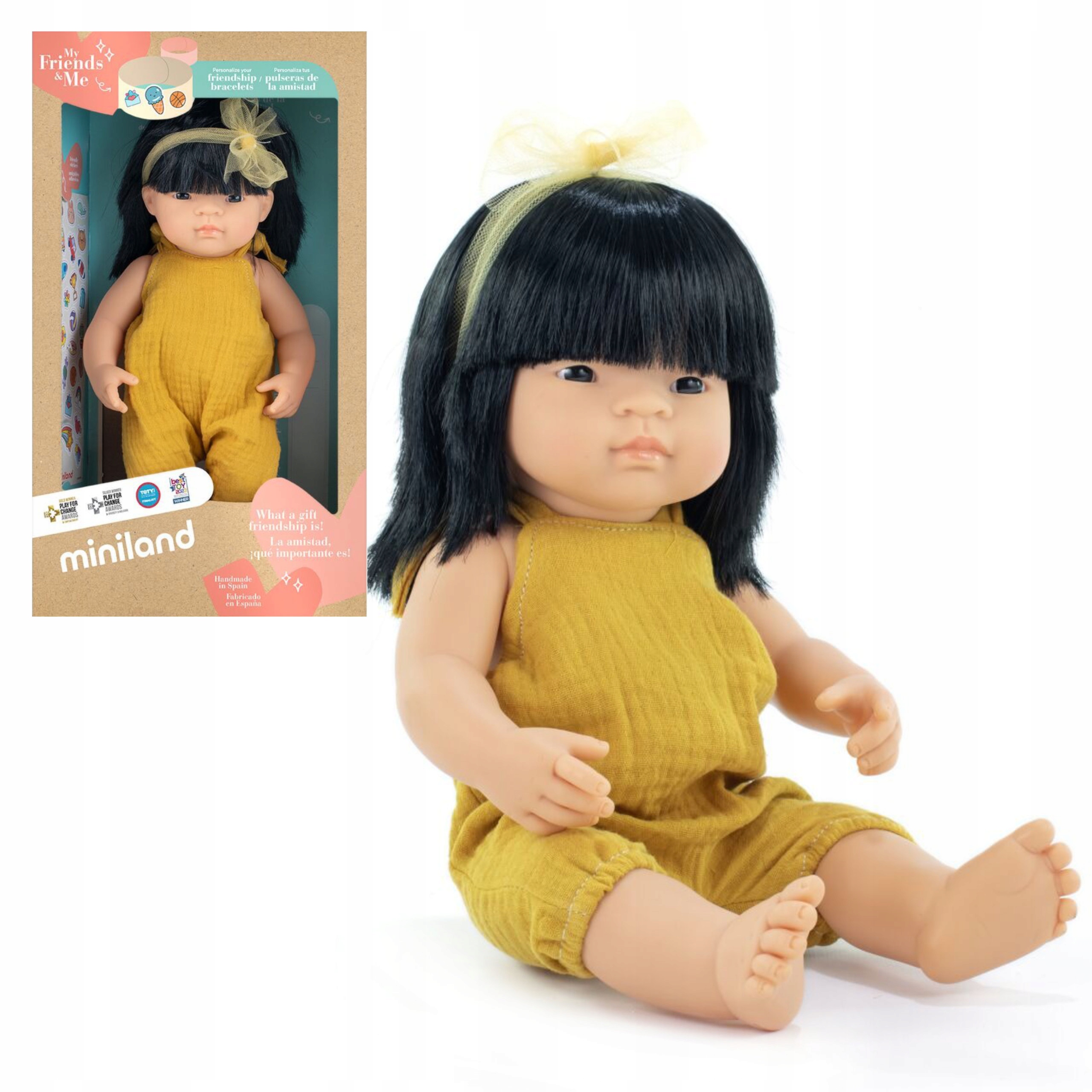Lalka hiszpańska bobas dziewczynka Azjatka 38cm z ciemnymi włosam Miniland