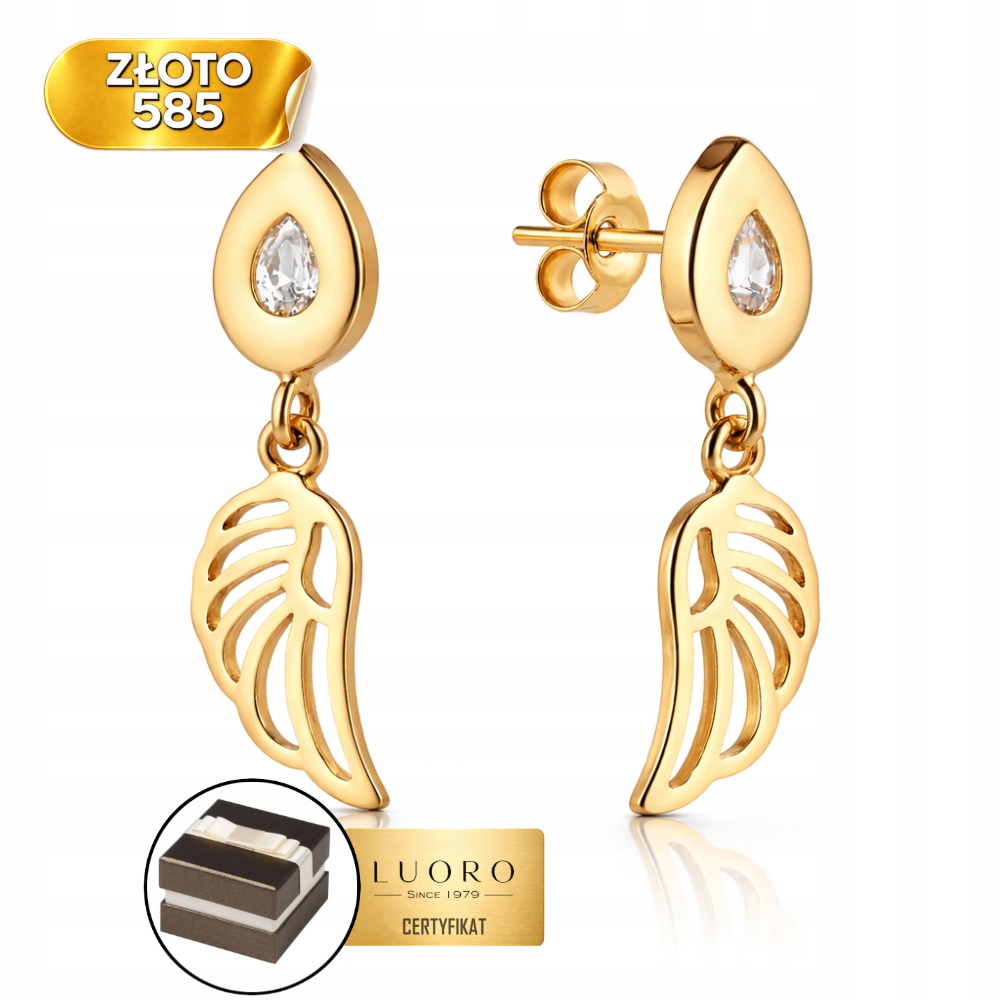 Náušnice Zlaté 585 14K Křídlo Slzička Zirkon 20 MM Elegantní Tyčinka