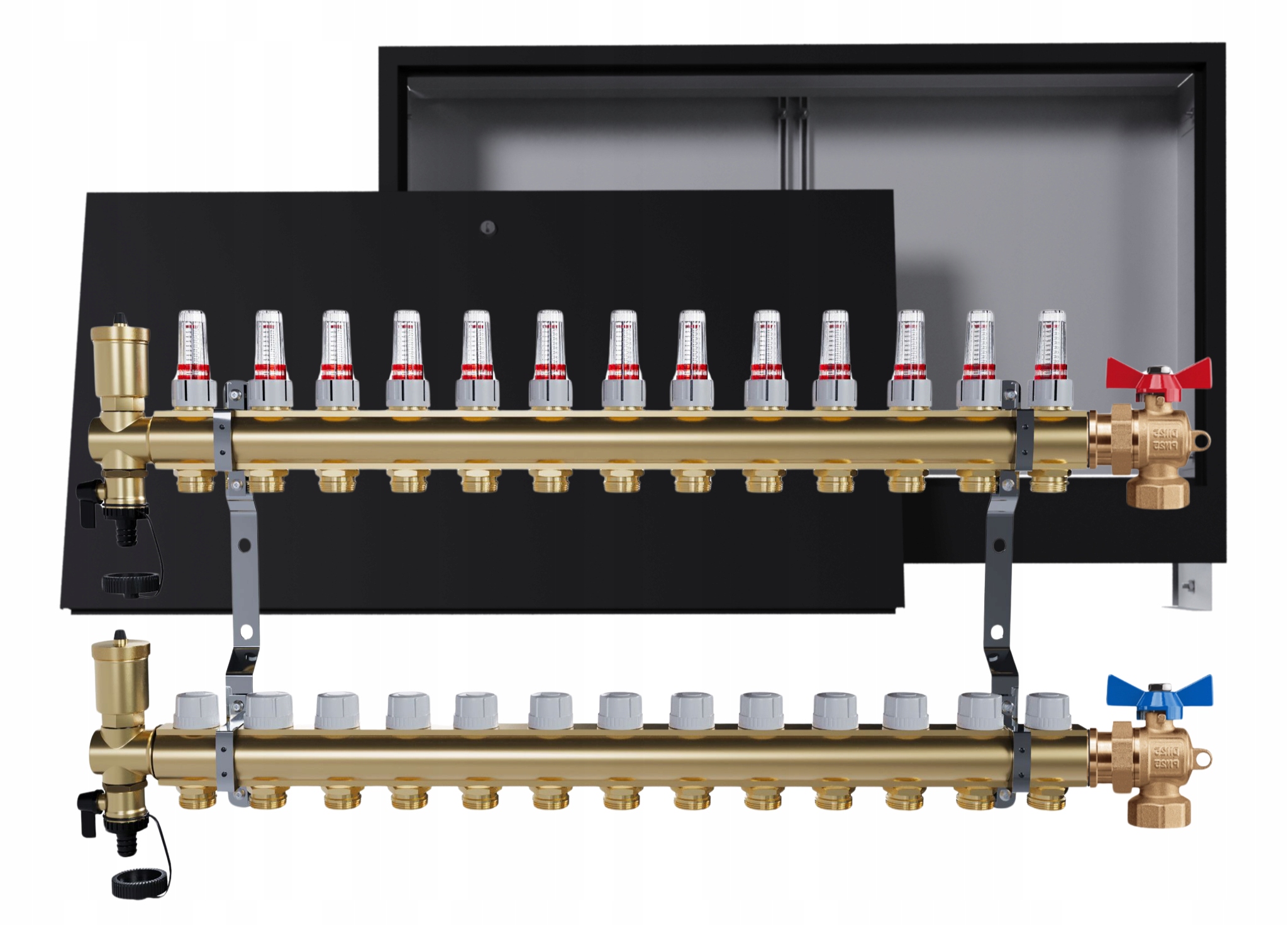 Rozdělovač podlahových krytin mosazný 13 obvodů podomítková skříň ventily