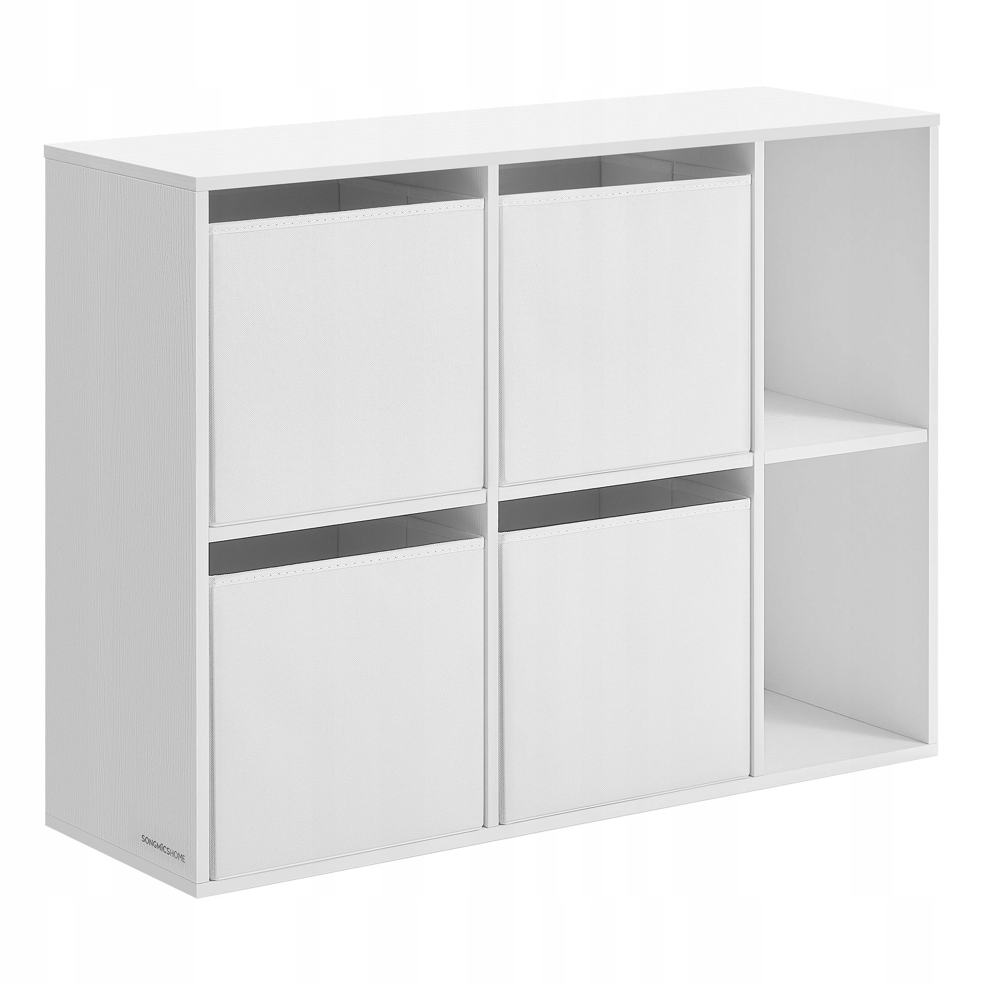 Biely regál na knihy so 4 krabicami 62x83x27 cm, 6 políc, drevený, otvorený